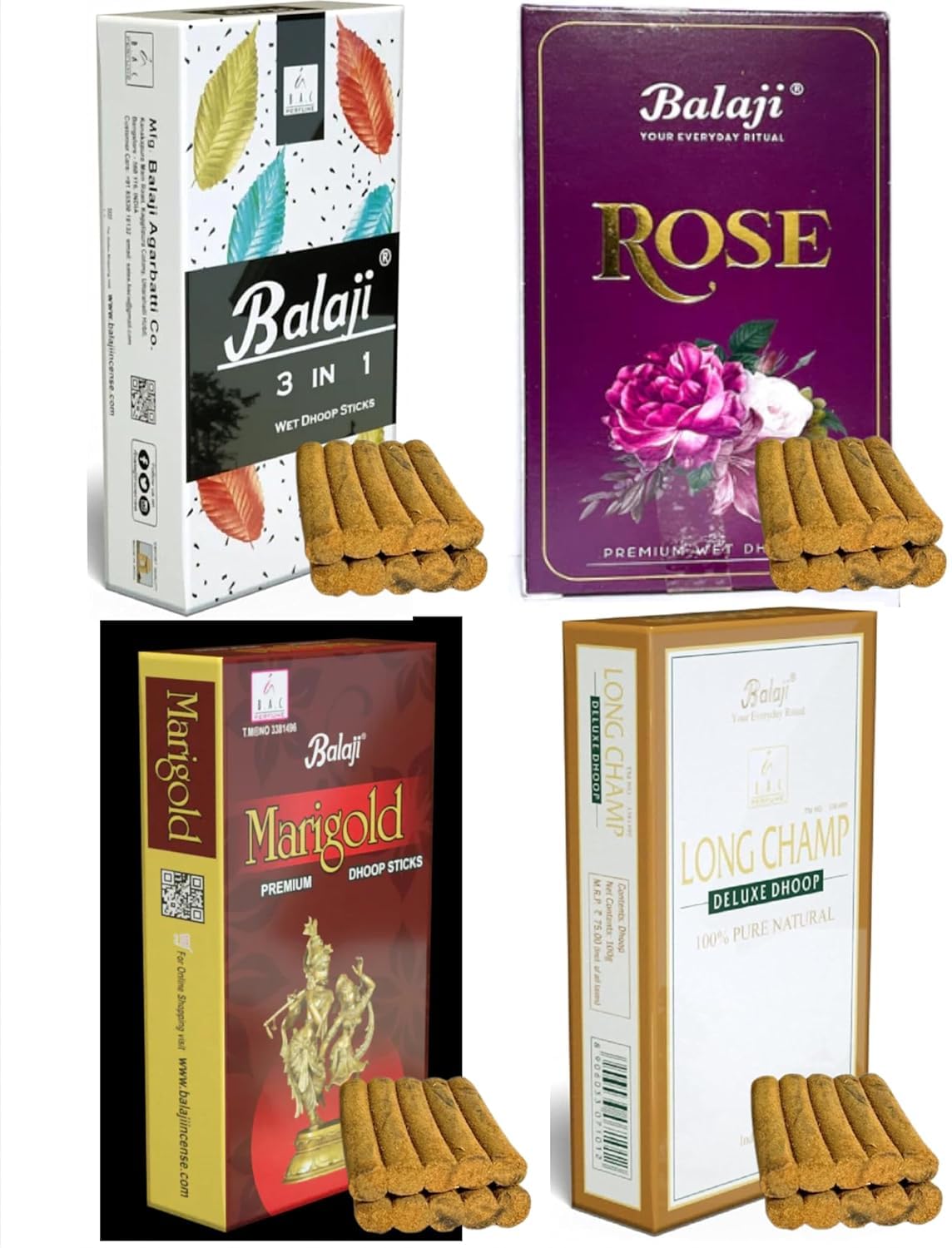 Balaji Premium Wet Dhoop Batti (Geeli) with Balaji 3 in 1, Rose, Long Champ, Marigold Fragrance Mix Combo (Set of 4 Box) (10 Wet Dhoop Per Box)-image-37