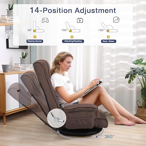 Miniatura 4 de Silla ergonómica de tela de lino, sofá cama reclinable de 6 posiciones con soporte lumbar, tumbona plegable con cojín grueso, reposabrazos y