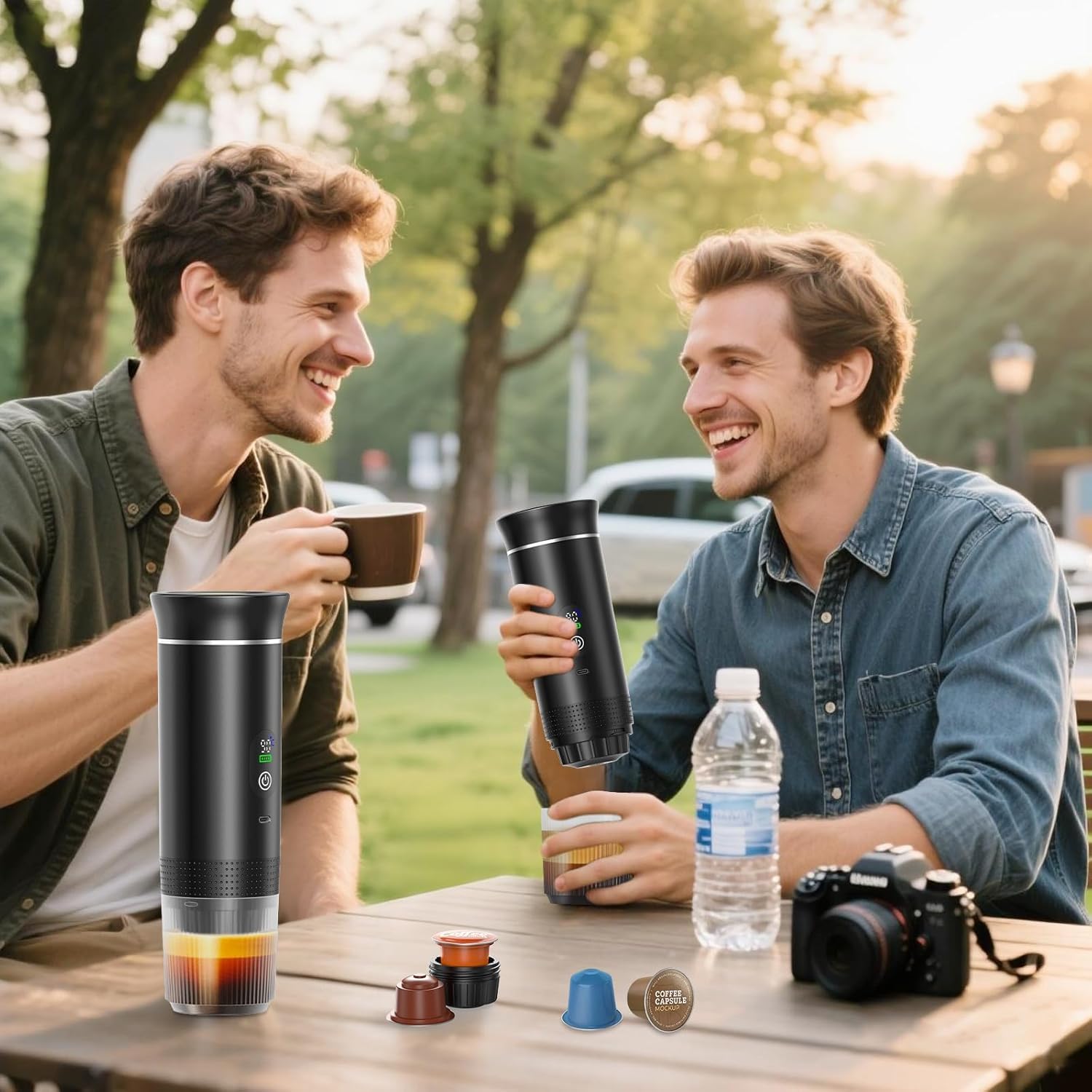 Genérico Cafetera Portátil Cápsulas 3 en 1 – Compatible con Cápsulas Pequeñas y Grandes + Café Molido – Autocalentamiento Rápido – Ideal Viajes, Oficina y Camper. (Negro)
