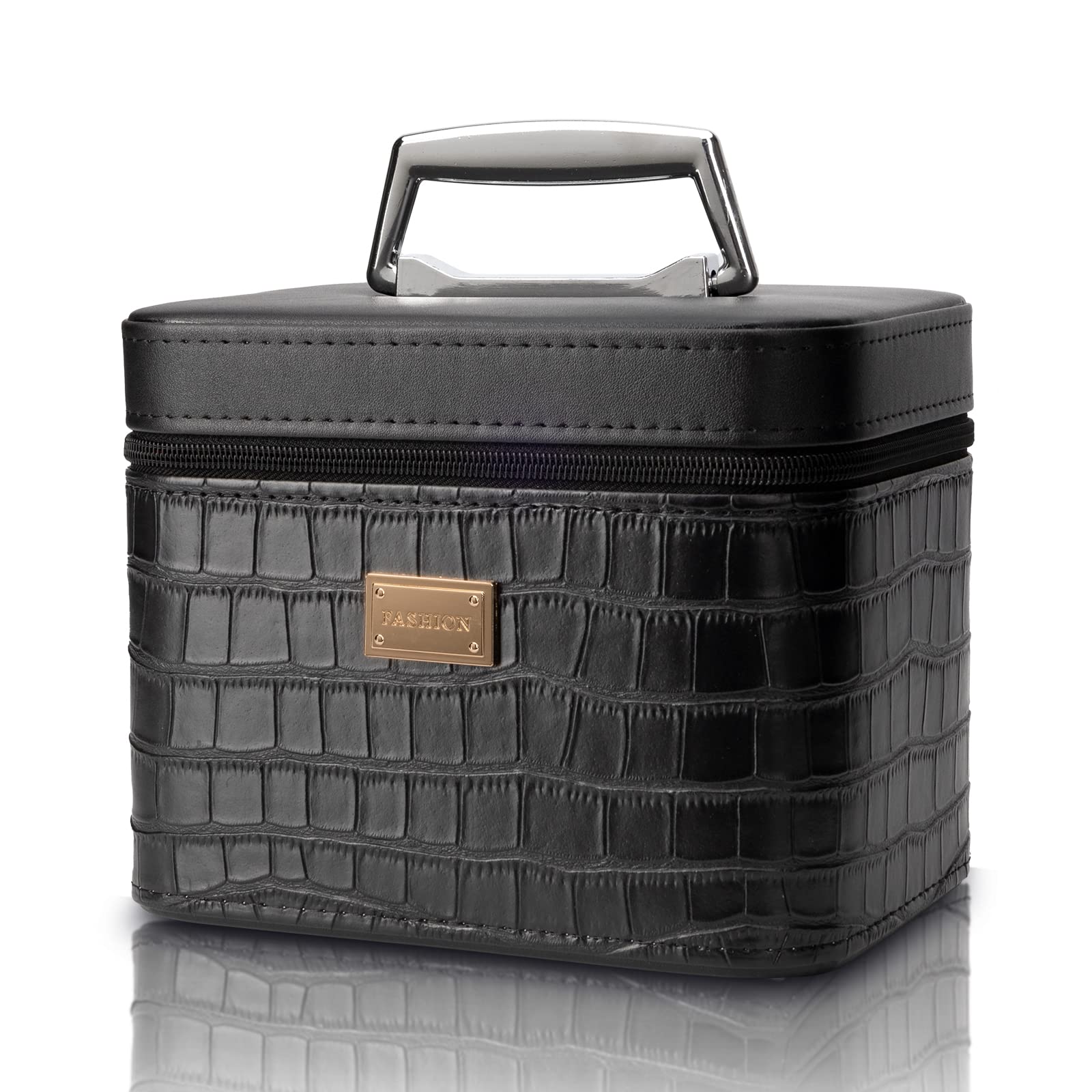 Fashion makeup box, Portable leather hard cosmetic case with mirror, Professional train case make up box for women adults. (Black)
