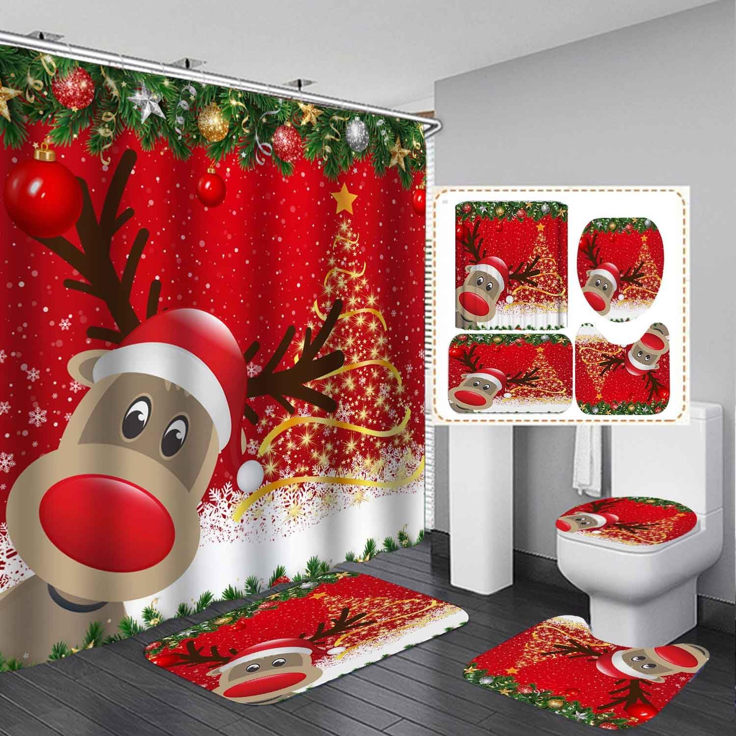 4PCS Cute Reindeer Christmas Shower Curtain Sets with Rugs, Waterproof Fabric Red Shower Curtain, Cartoon Deer Elk Xmas Tree Green Fir Plant Snowflake Winter Holiday New Year Bathroom Decor