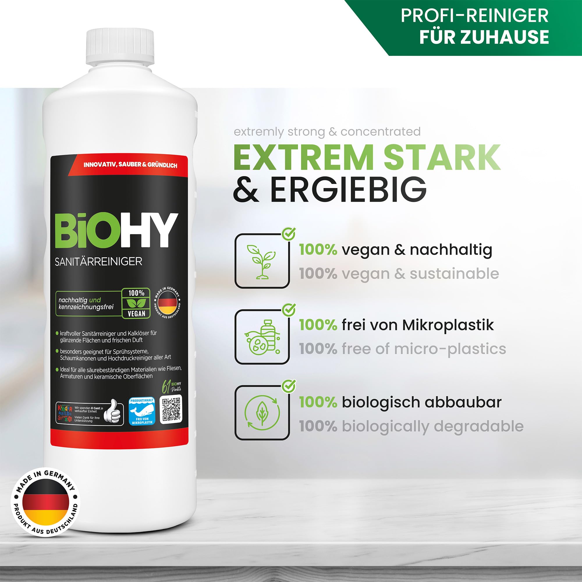 BiOHY Limpiador sanitario (9 botellas de 1 litro) + Dosificador | Concentrado de cal para el área sanitaria | Deja un agradable y fresco aroma | EXTRA FUERTE (Sanitärreiniger)