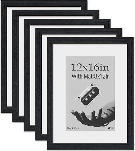 VCK Portarretratos de 12 x 16 pulgadas, 5 unidades, grano de madera natural, roble negro y vidrio HD, póster de 8 x 12 pulgadas con paspartú o de 12