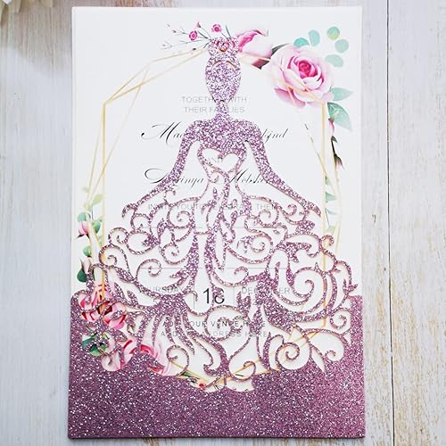 Miniatura 5 de FASTERCY 20 tarjetas de invitaciones de boda cortadas con láser con para despedida de soltera cumpleaños dulce 15 sobres de invitaciones de fiesta