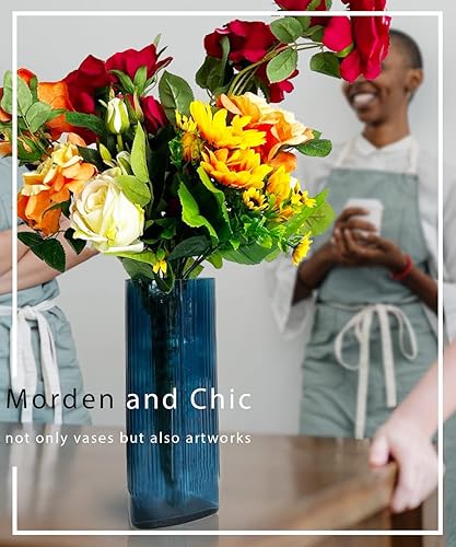 Miniatura 2 de VROOMIUM Vases for Flowers Set of 2 - 11 Large and 7 Small Green Glass Vase for Pampas Unique Triangles Decorative Vase for Centerpieces Floreros