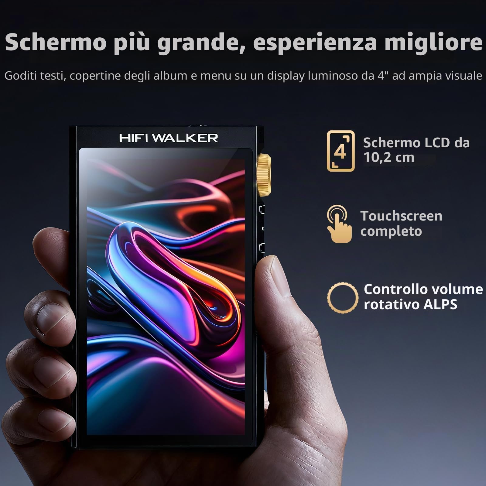 HIFI WALKER Lettore audio portatile Bluetooth 5.1, lettore musicale di alta qualità con touch screen 4", uscita cuffie 4,4 mm e 3,5 mm, USB DAC, scheda di memoria 128 GB inclusa