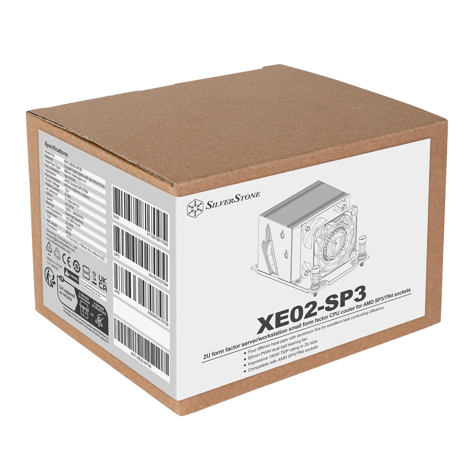 SilverStone XE02-SP3S, 2U SFF Server/Workstation CPU Kühler für Intel AMD SP6/SP3/TR4 Sockel, SST-XE02-SP3S