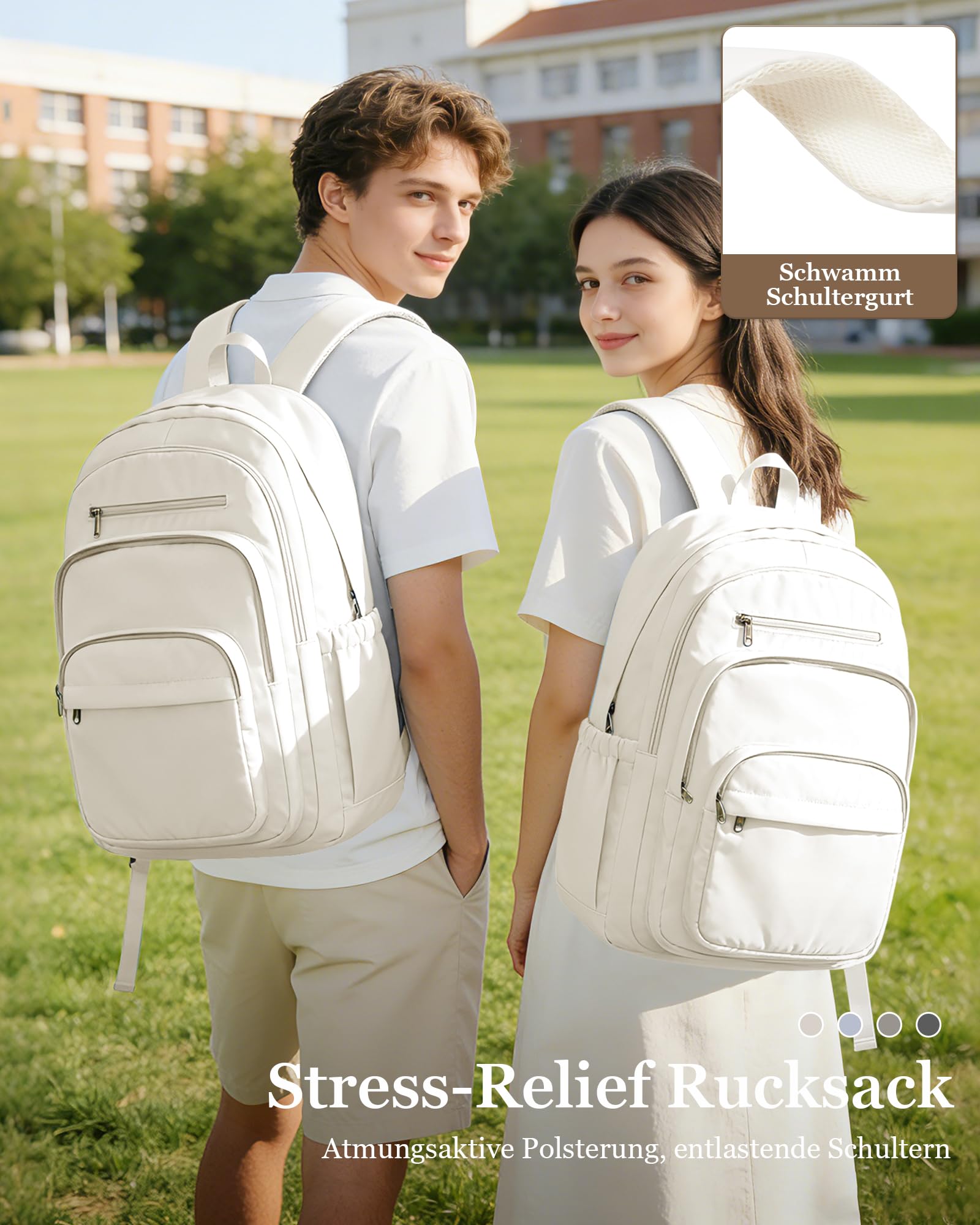 Rucksack Damen Herren, Schulrucksack Groß mit Vielen Fächern, Waterproof Rucksack Leicht für Schule, Schulrucksack Teenager Daypacks Backpack für Jungen Mädchen, Beige