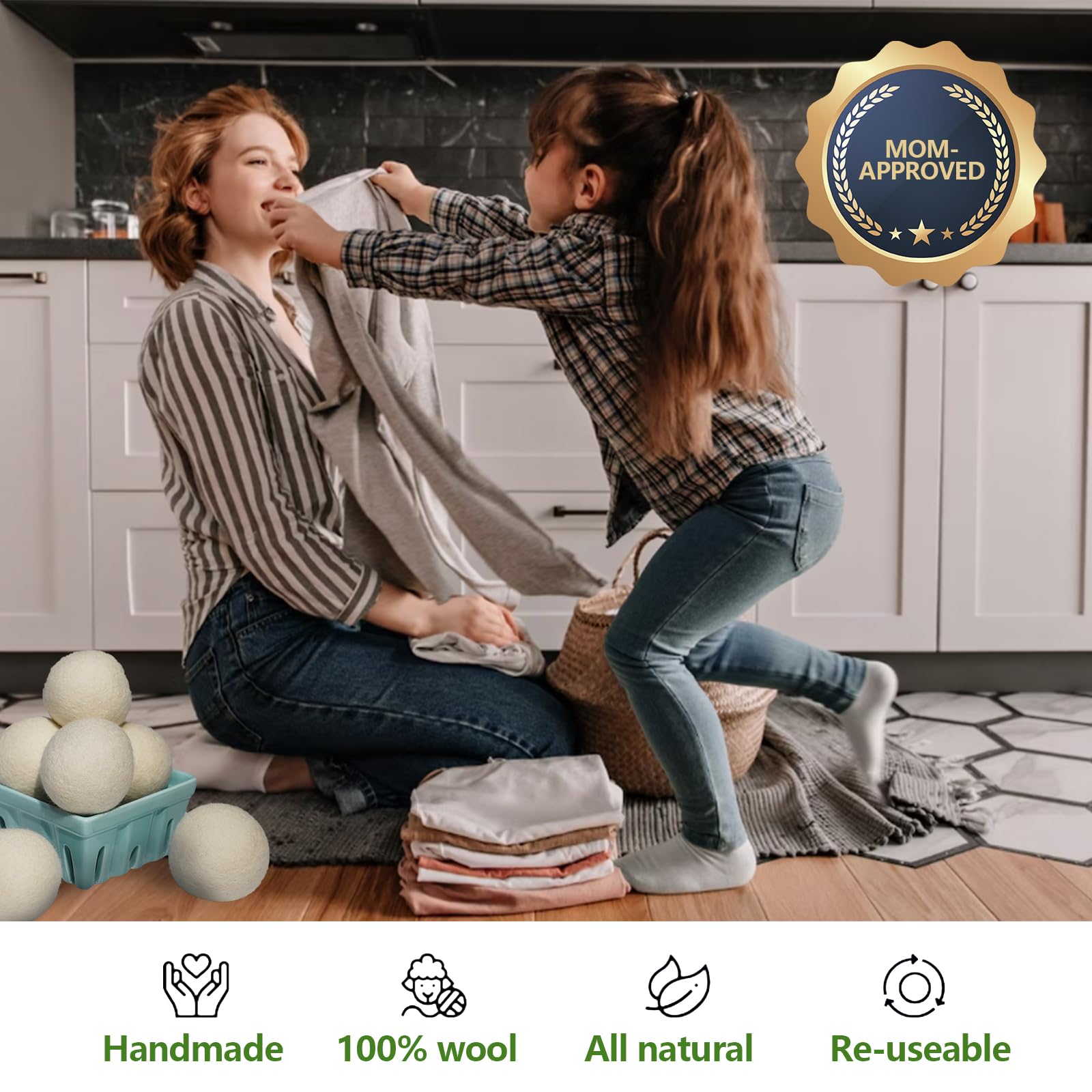 Bolas secadoras de lana hechas a mano, paquete de 6 unidades, XL, bolas de lana orgánica reutilizables para ropa sucia, 1000 % cargas, suavizante de tela de lana de Nueva Zelanda 100% natural,