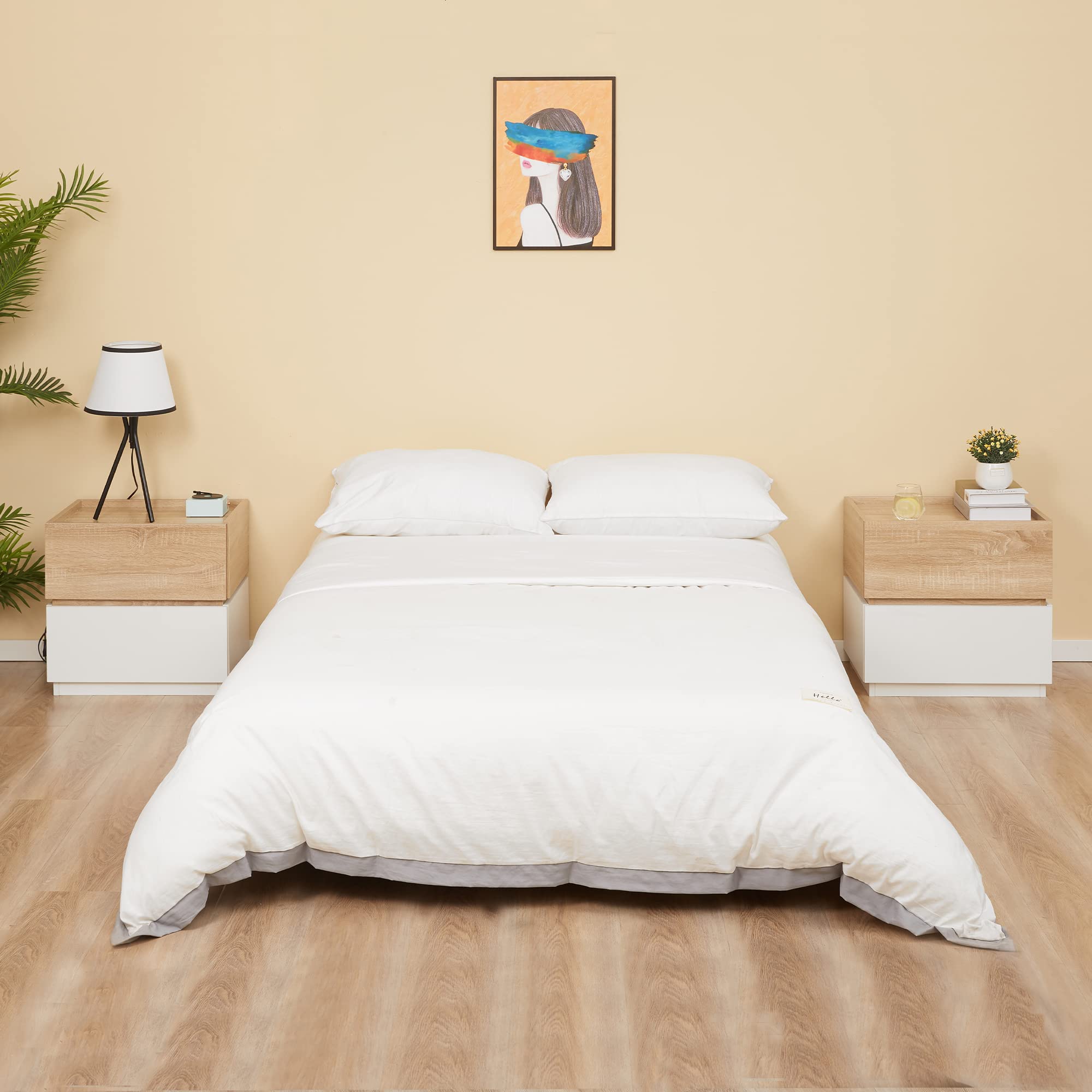 HOMCOM Comodino 2 Cassetti Design Moderno e Impilabile, Tavolino per Soggiorno e Salotto in Legno, 50x40x47.5cm, Bianco e Legno