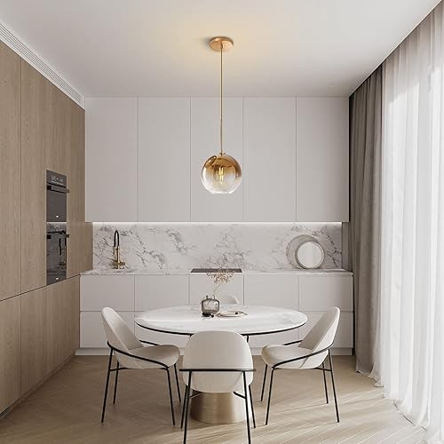 Miniatura 6 de KCO Moderna lámpara colgante de globo de vidrio de 1 luz, lámpara colgante de latón cepillado minimalista de mediados de siglo, lámpara colgante de