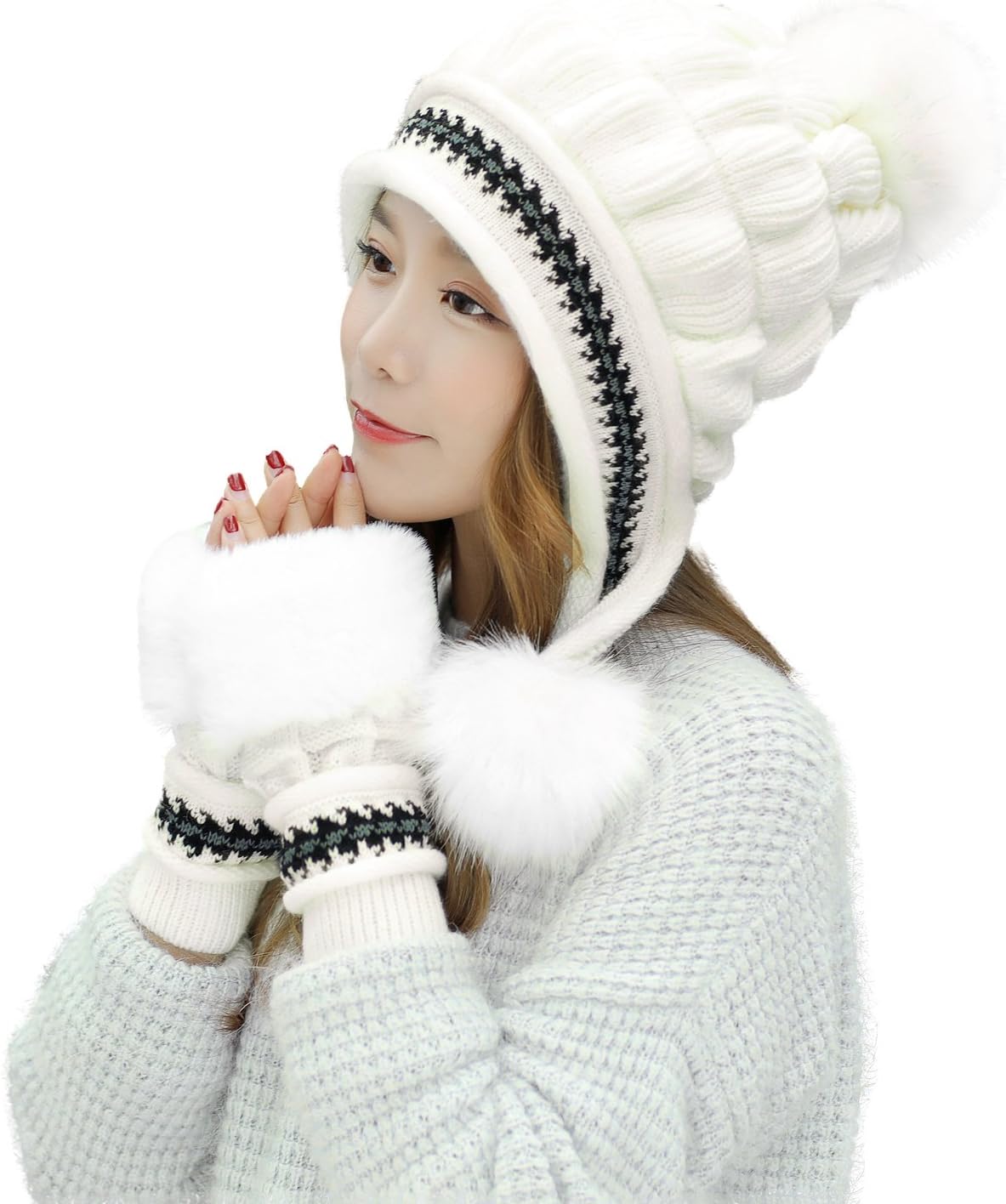 Bellady Women Knit Beanie Winter Ski Hat Cap with Earflap Pom Glove Set