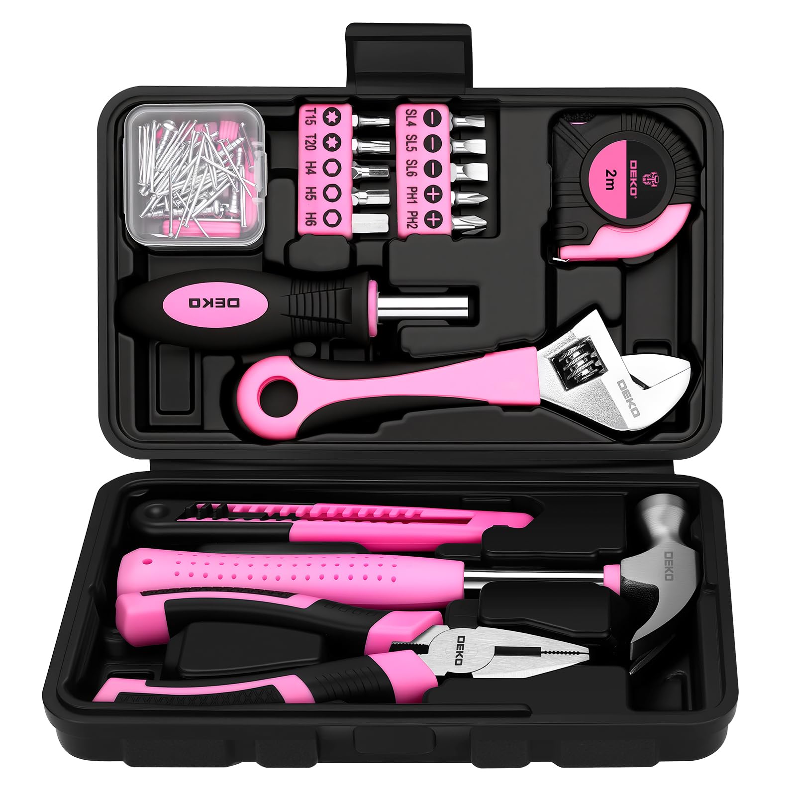 DEKO Caja de Herramientas de 86 Piezas Color Rosa, Pequeño Juego de Herramientas Básicas con Caja de Almacenamiento de Plástico para Hogar Oficina y Taller
