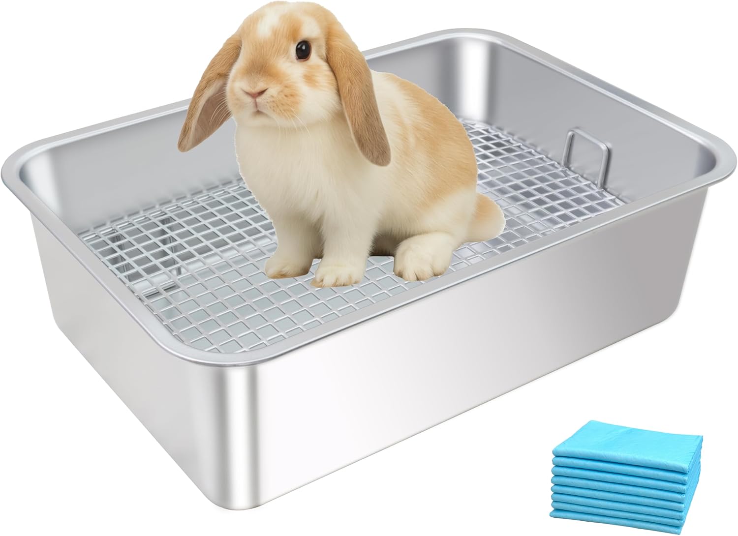 Large Stainless Steel Rabbit Litter Box,Bunny Litter Pan with Grid,Toilet Tray,High Back Wall,Deep Waste Storage (Medium) M-17.5"L x 13.6"W x 4"H