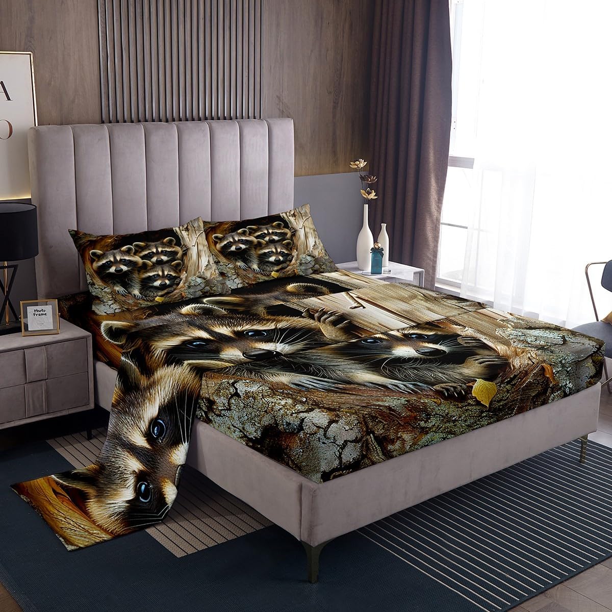Raccoon Sheet Set Queen Size Raccoon Bed Sheets Set for Kids Boys Girls Possum Gifts Bedding Set Raccoon Stuffed Animal Family Bed Set (Flat Sheet + Deep Pocket Fitted Sheet + Pillow Case) Bedroom
