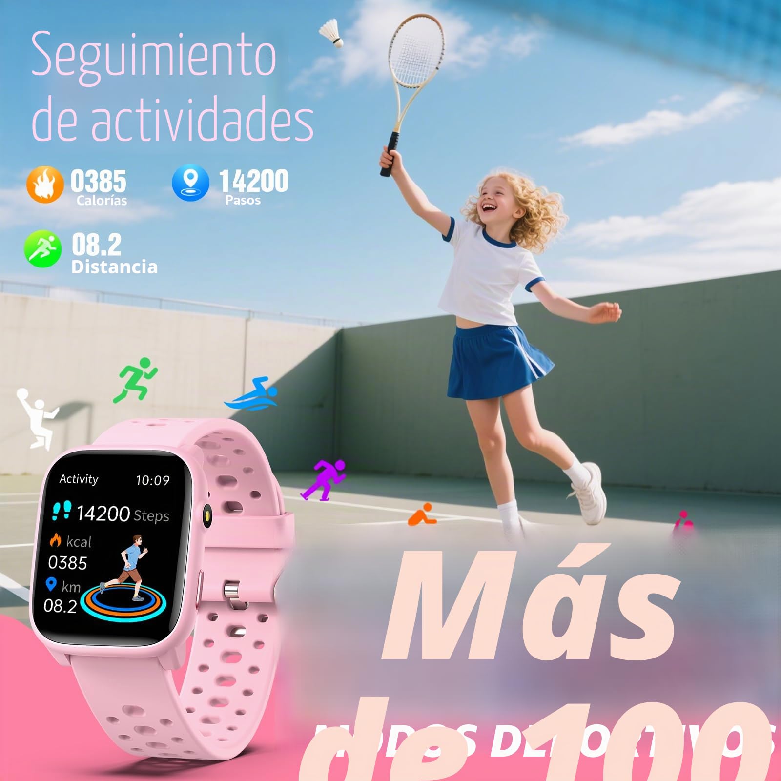 Reloj Inteligente Niños Niñas Sin App Necesaria, 1,83" Smartwatch Niños con Podómetro, Resistente al Agua IP68, Reloj Monitor Cardiaco y Sueño, Despertador, Juegos de Rompecabezas (Rosa)