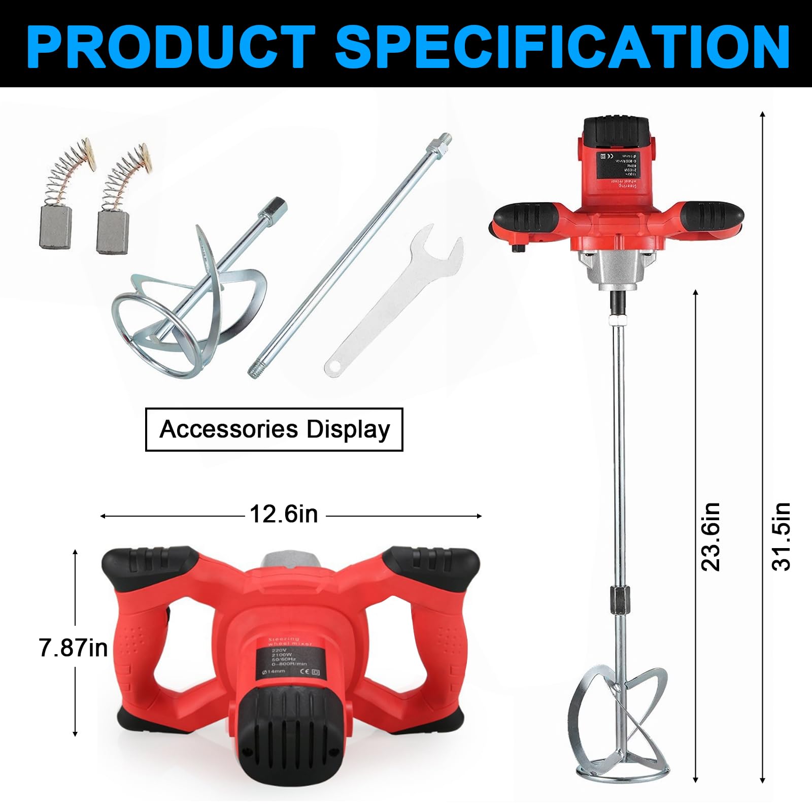 Mezclador de cemento, máquina mezcladora de concreto eléctrica de 2100 W con 6 velocidades ajustables, mezclador de barro portátil de 110 V para mezclar hormigón, barro, mortero, yeso, pintura