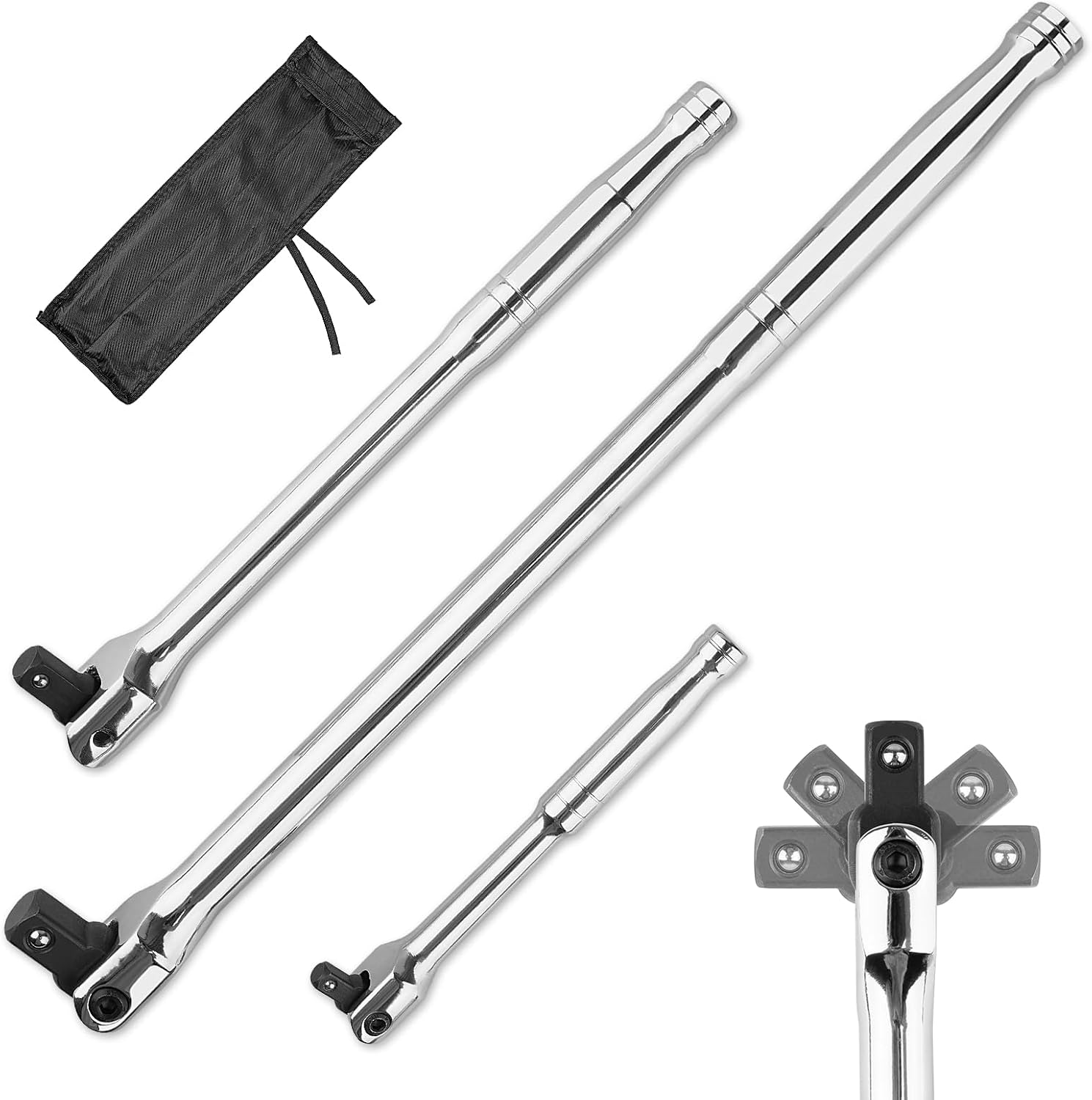 3PCS Breaker Bar Set, 3/8'', 1/4in, 1/2inch Breaker Bars with 180°Rotatable Head, Heavy Duty Breaker Bar Kit with 15 inch, 10 inch, 6 inch Length for Automobile and Motorcycle Maintenance and Repair