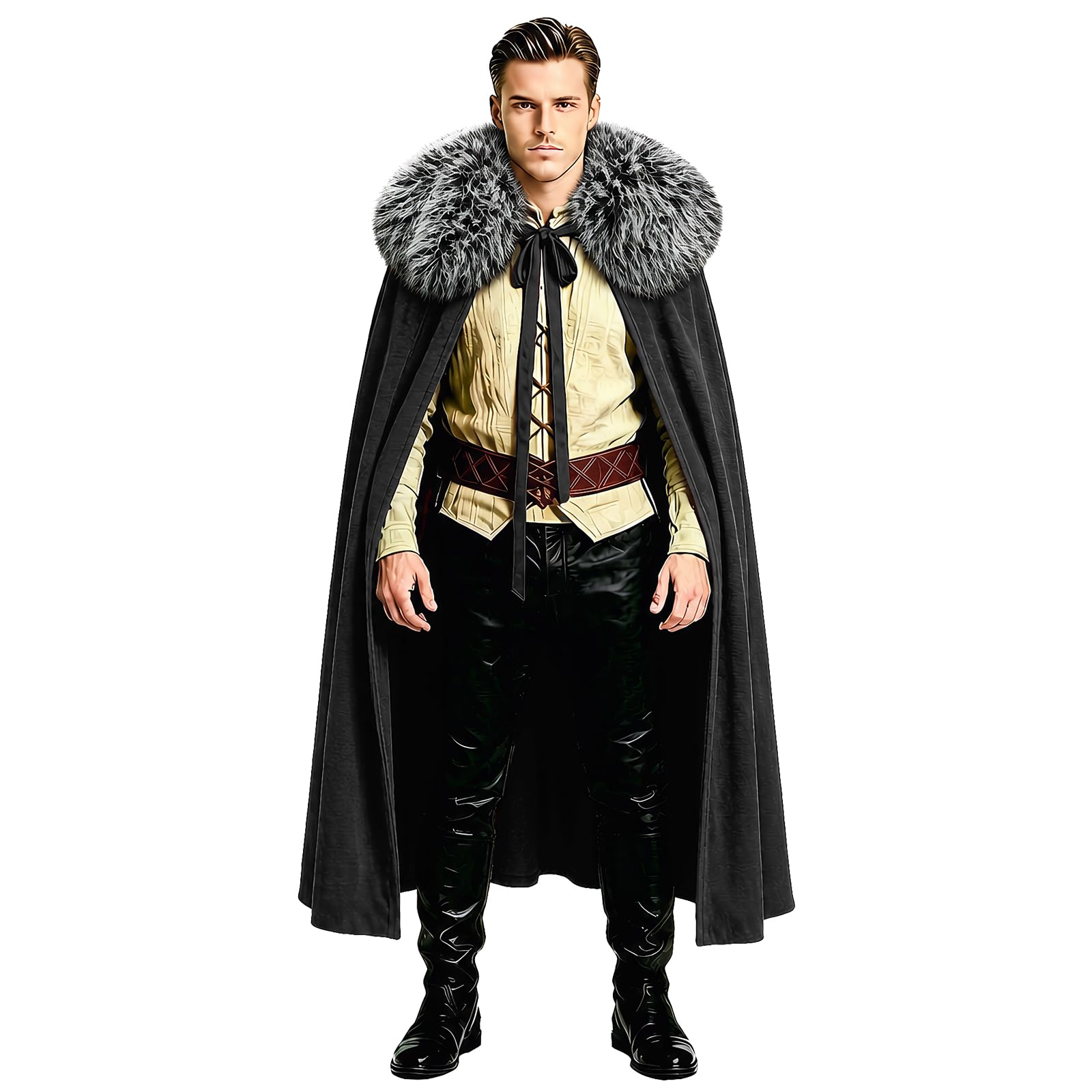 HZVRTN Viking Cloak with Fur Collar - Medieval Renaissance Fur Cape Costume, Wrap Collar Warrior Robe for Halloween Cosplay (Black)