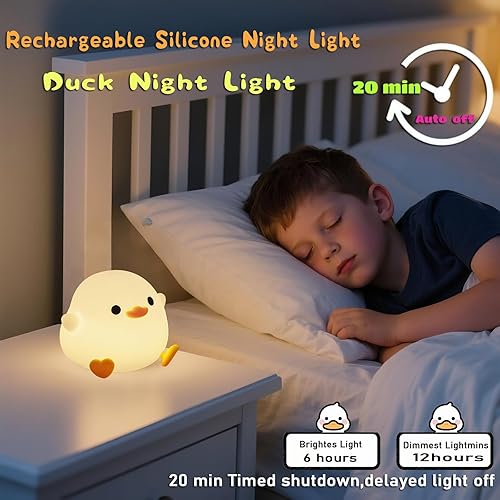 Miniatura 3 de HAPPYBAG Linda luz nocturna de pato guisante, lámpara de pato, 2 niveles de luz de pato de silicona regulable, luz LED blanda para dormir de los