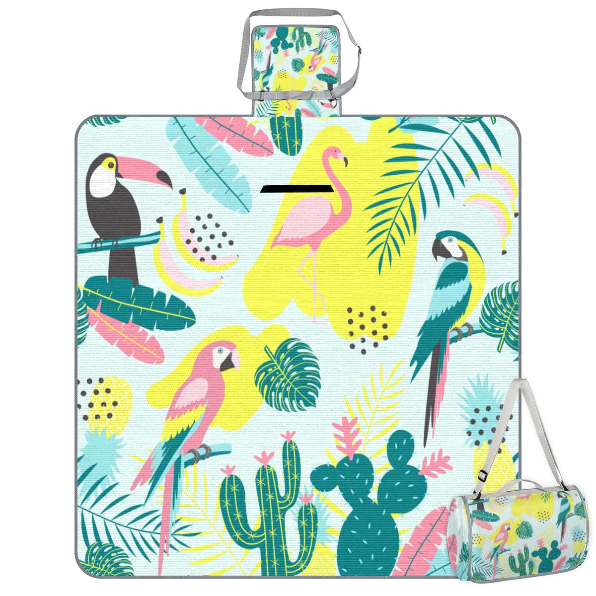 Shimoshe Picnic Blankets 57”x 59”, Cactus Bird Flamingo Waterproof Sandproof Picnic Mat Lightweight Foldable Beach Blanket for Camping Park Grass Beach Outdoor Blanket