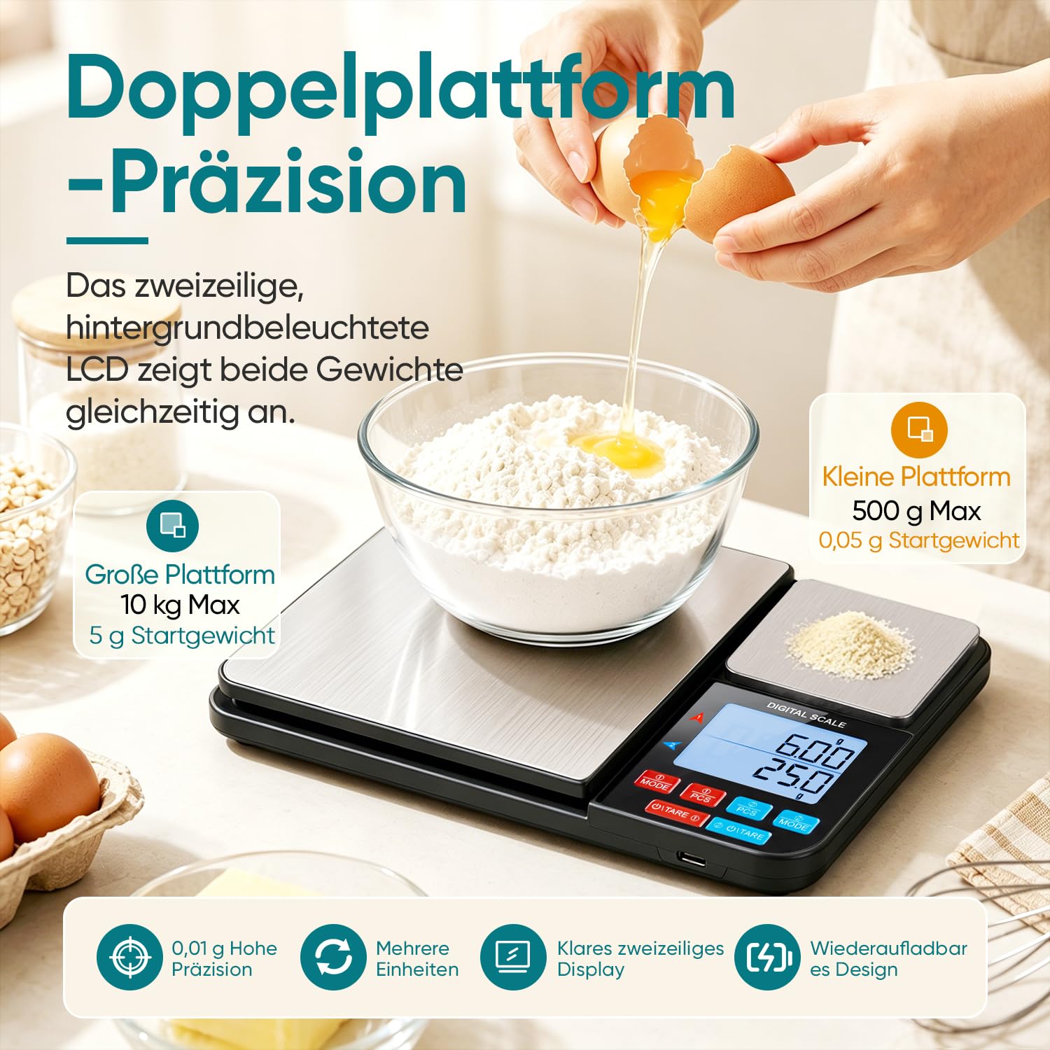 Wigearss Küchenwaage Digital mit Dual Plattform 10kg/1g und 500g/0.01g, Doppelfunktion Küchen Feinwaage mit 7 Einheiten, Zähl, Tara Funktion