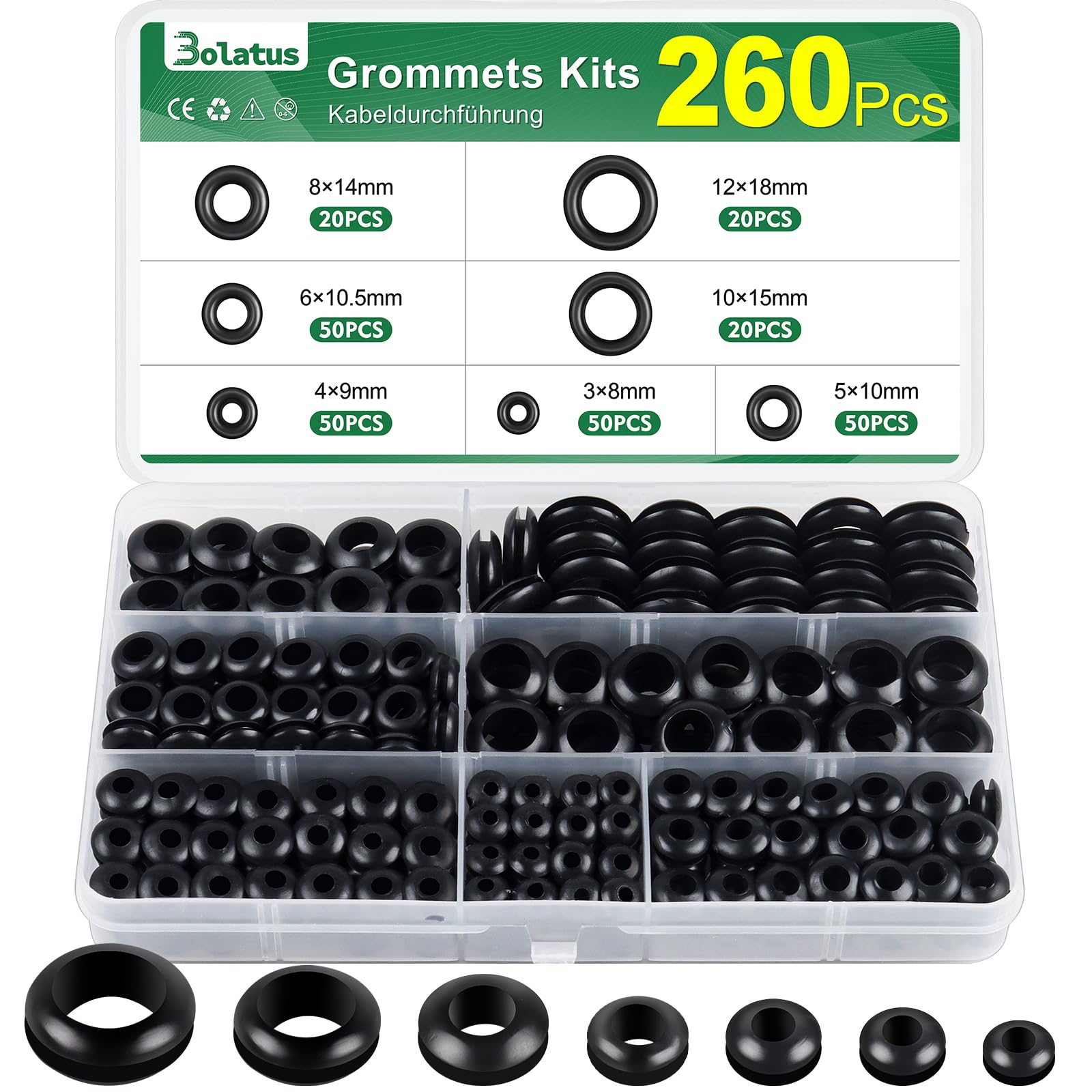 260 Stück Kabeldurchführunggummi, Bolatus Durchgangstüllen 7 Größen Gummitüllen Set, Kabeltülle Gummistopfen für Elektroinstallation, Kabelkanal, Kabelschutz, Schwarz