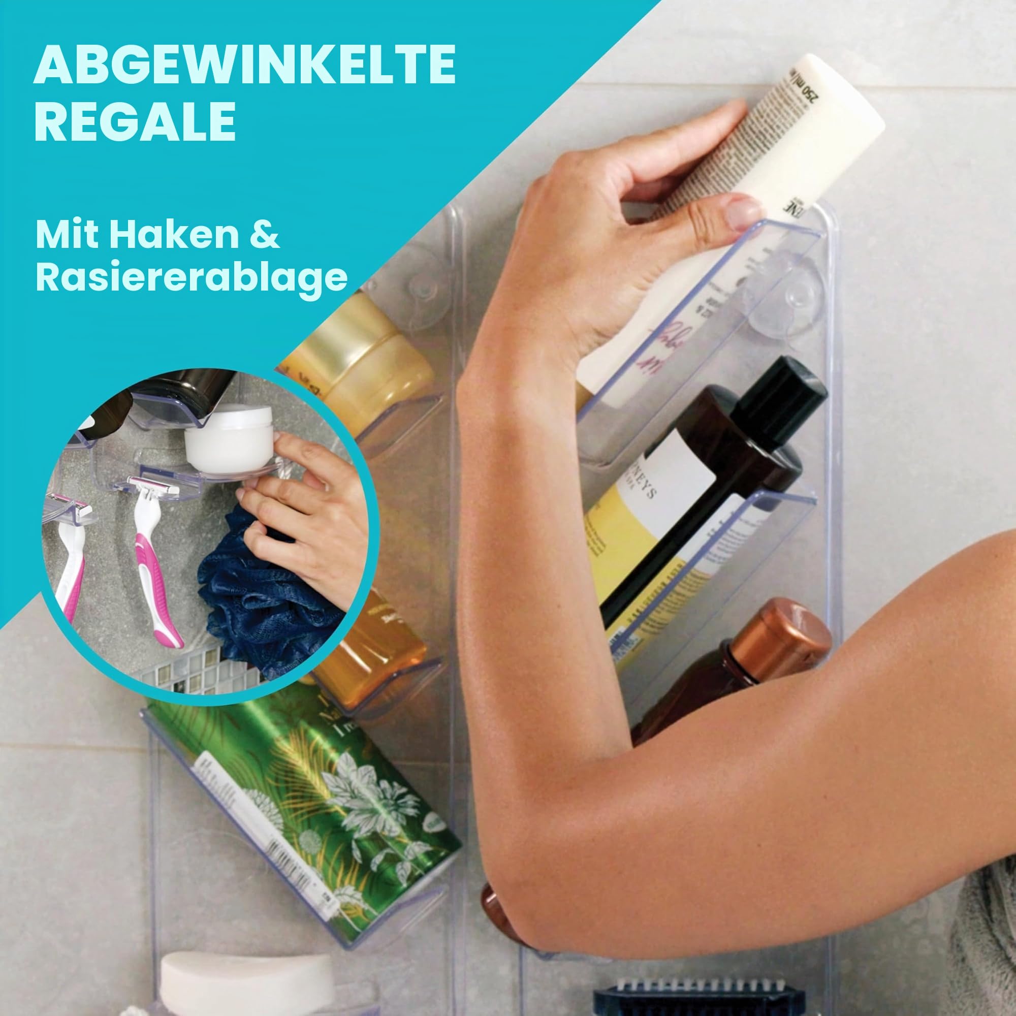 ShowerGem Acryl-Duschablage | 2er-Pack | Keine Saugnäpfe | Wandmontage mit ShowerGem-Kleber | Abnehmbar ohne Beschädigung | Leicht zu reinigender Bad-Organizer | Verstellbares Duschregal |