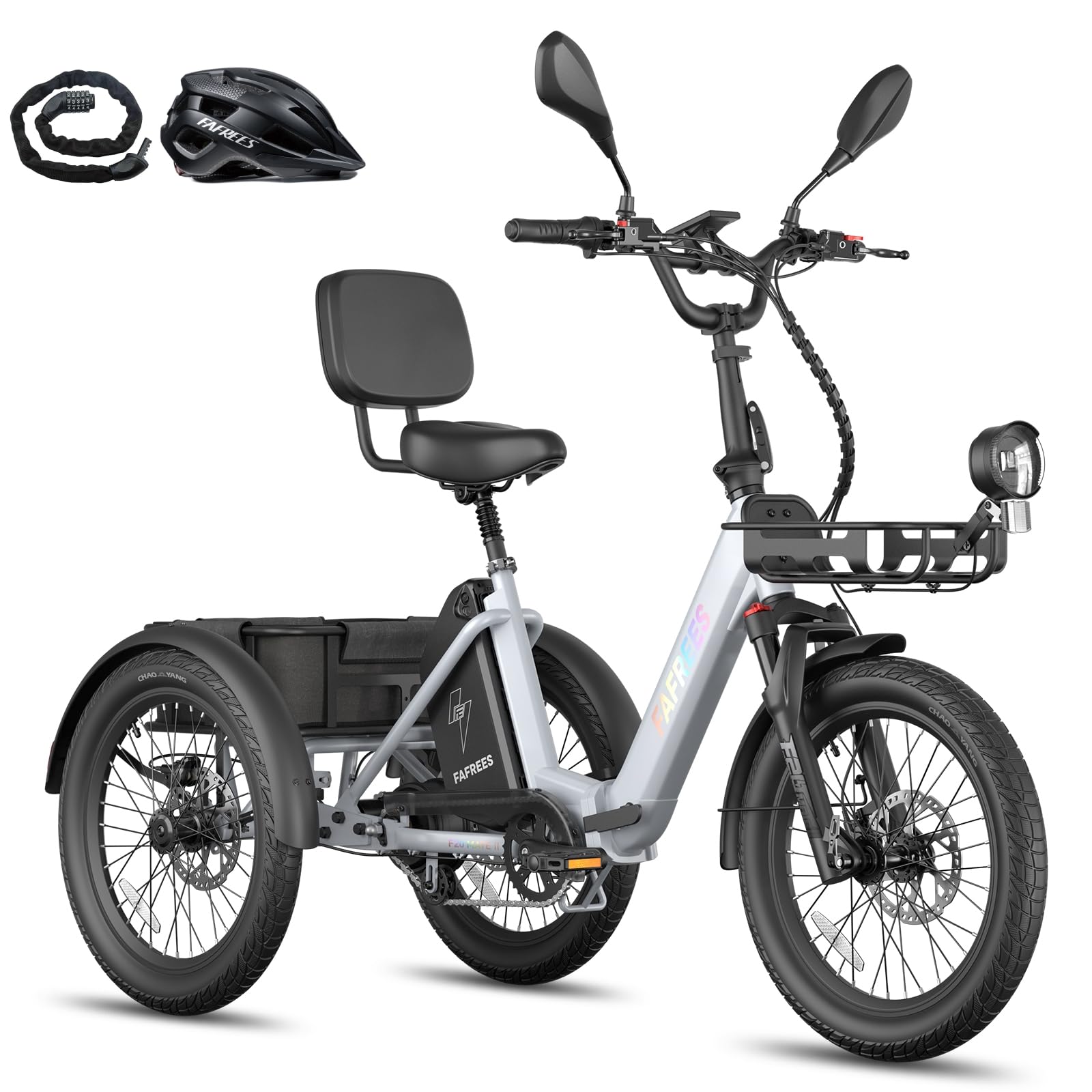 Fafrees Triciclo Elettrico F20 MATE II, Bici da 250 W con 3 Ruote da 20"*2,5", Batteria da 21 Ah 1008 Wh, Cestino + Portapacchi, Triciclo Elettrico da Carico per Adulti e Anziani