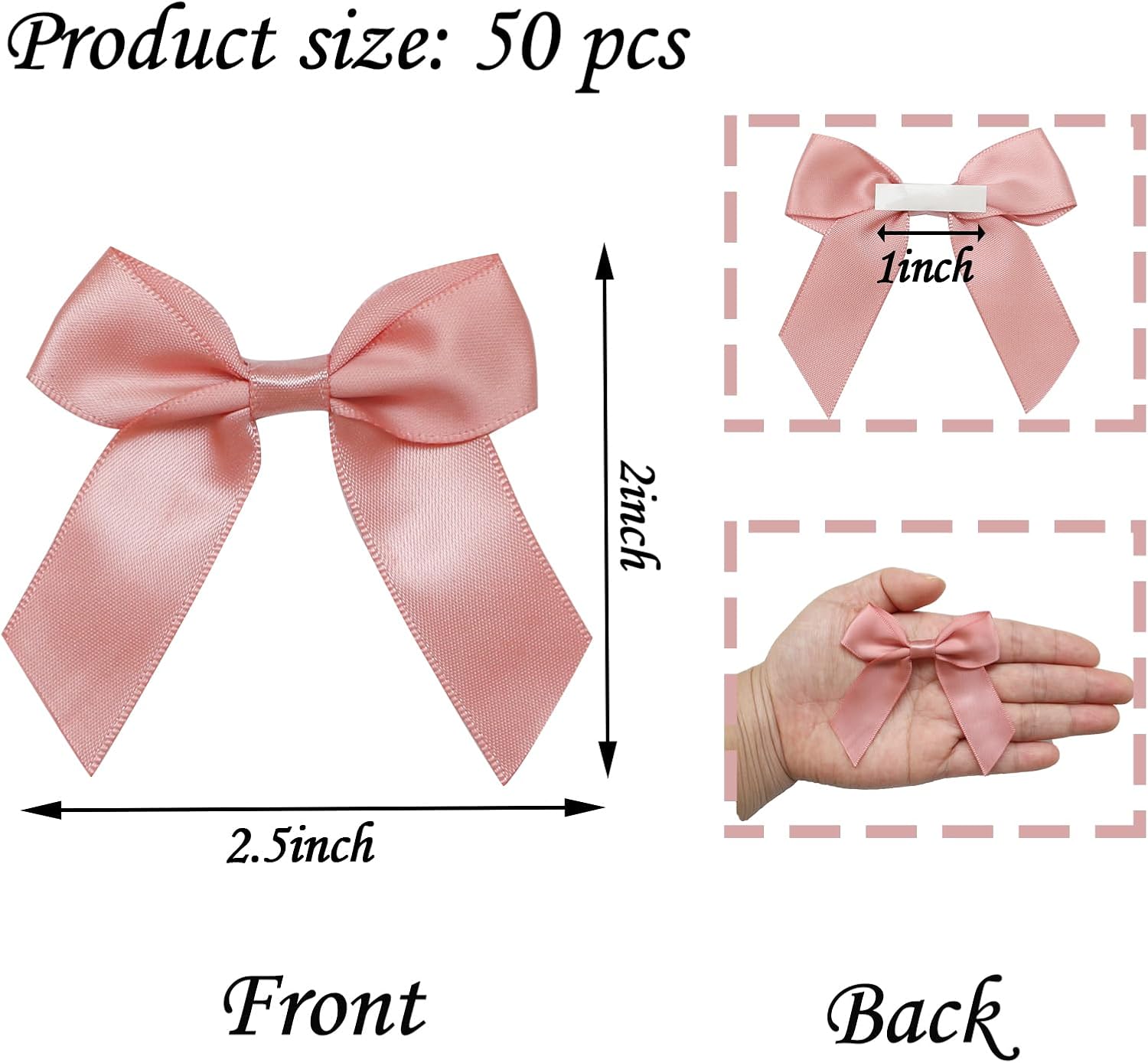 Satin Ribbon Bows 2" for Gift Wrapping 50 pcs Self Adhesive Premade Small Satin Bow for Crafts Cake Pop Treat Bags Wedding Bridal Baby Shower Birthday Party Baking Decoration (Rose Pink) image 3