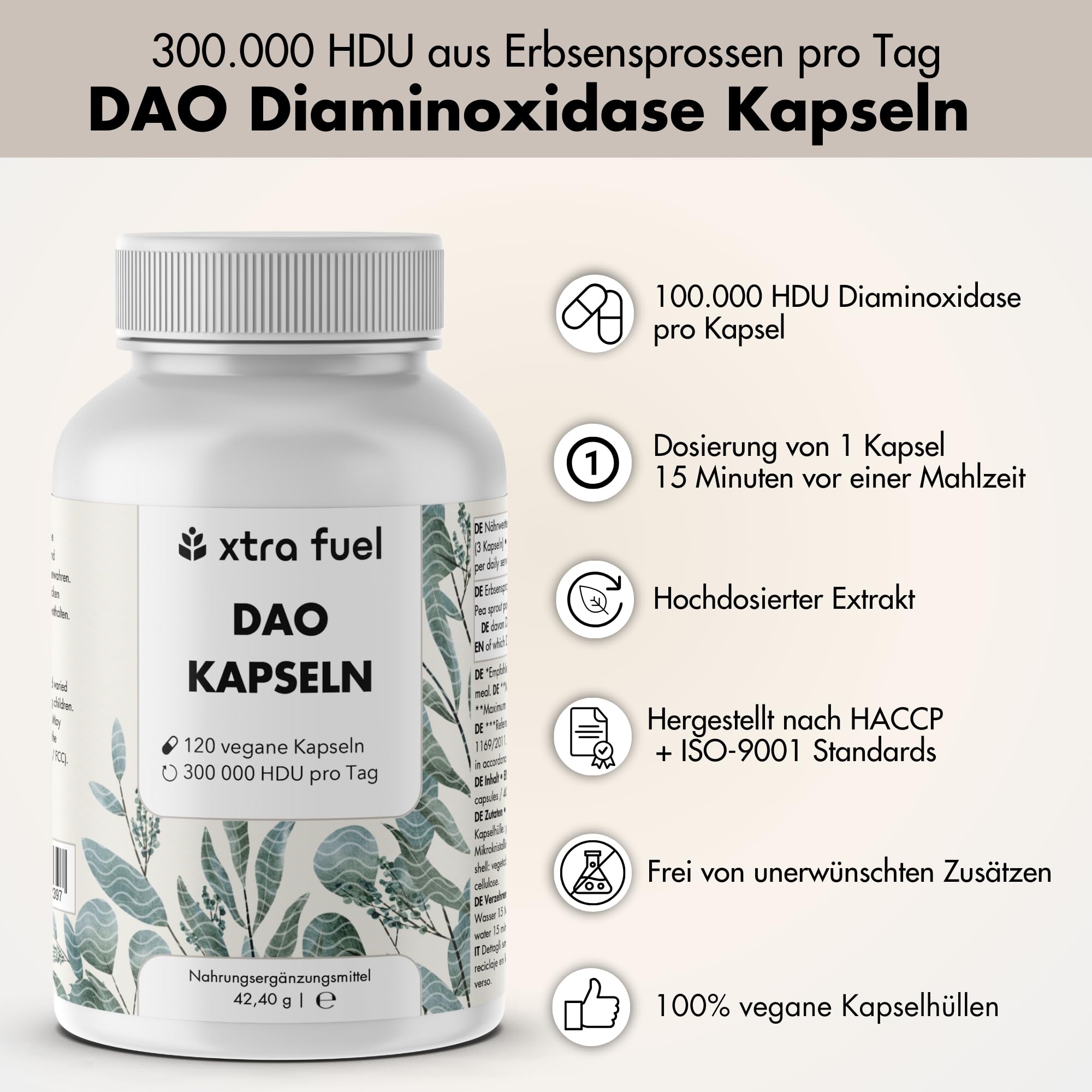 DAO Kapseln 120 Stück (hochdosiert) - 300,000 HDU pro Tagesdosis - DAO Enzym aus Erbsenprotein - vegan & laborgeprüft