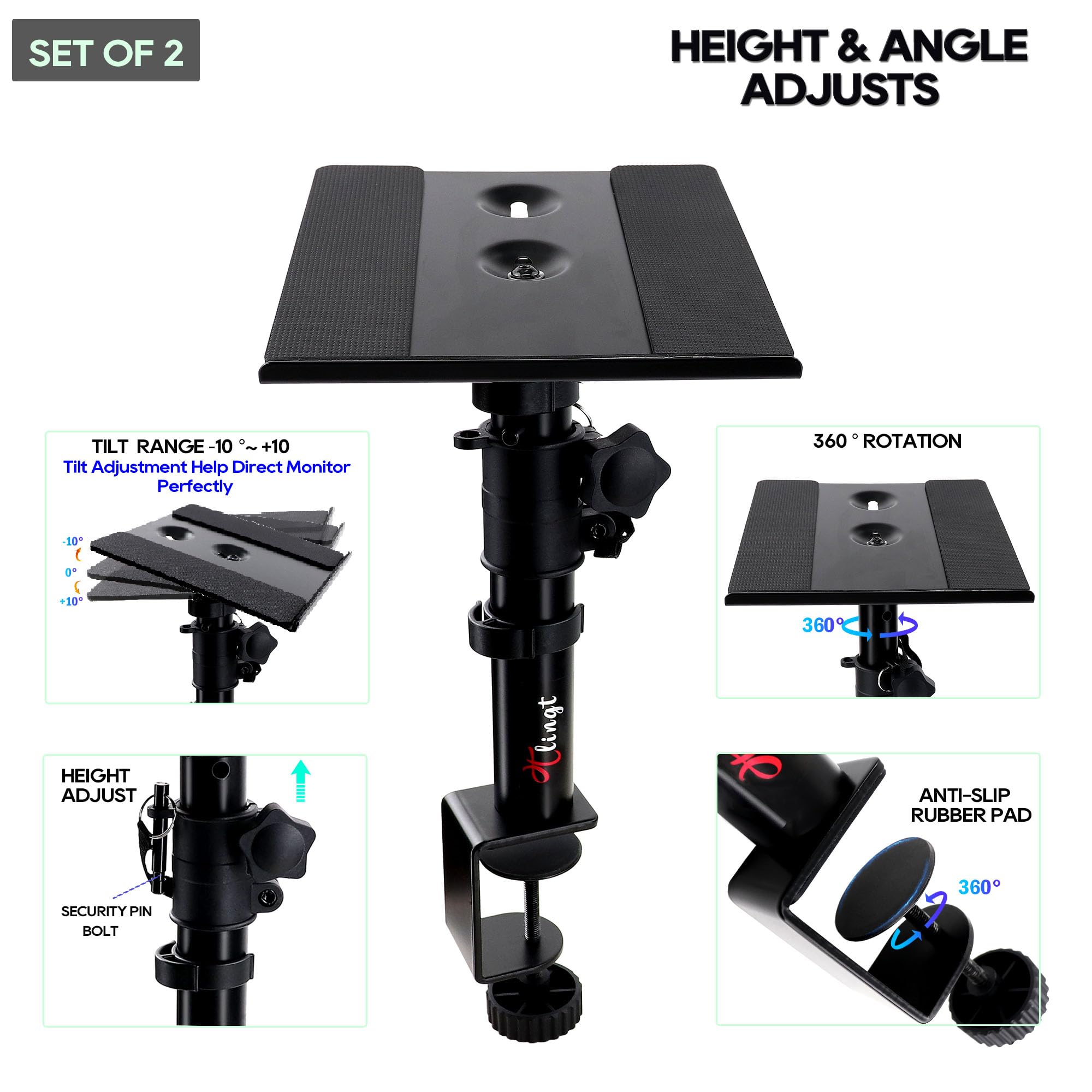 Coppia di supporti per monitor e altoparlante da studio, supporto per altoparlante da desktop, vassoio in metallo resistente da 24 x 22,5 cm con angolazione di inclinazione da +10° a