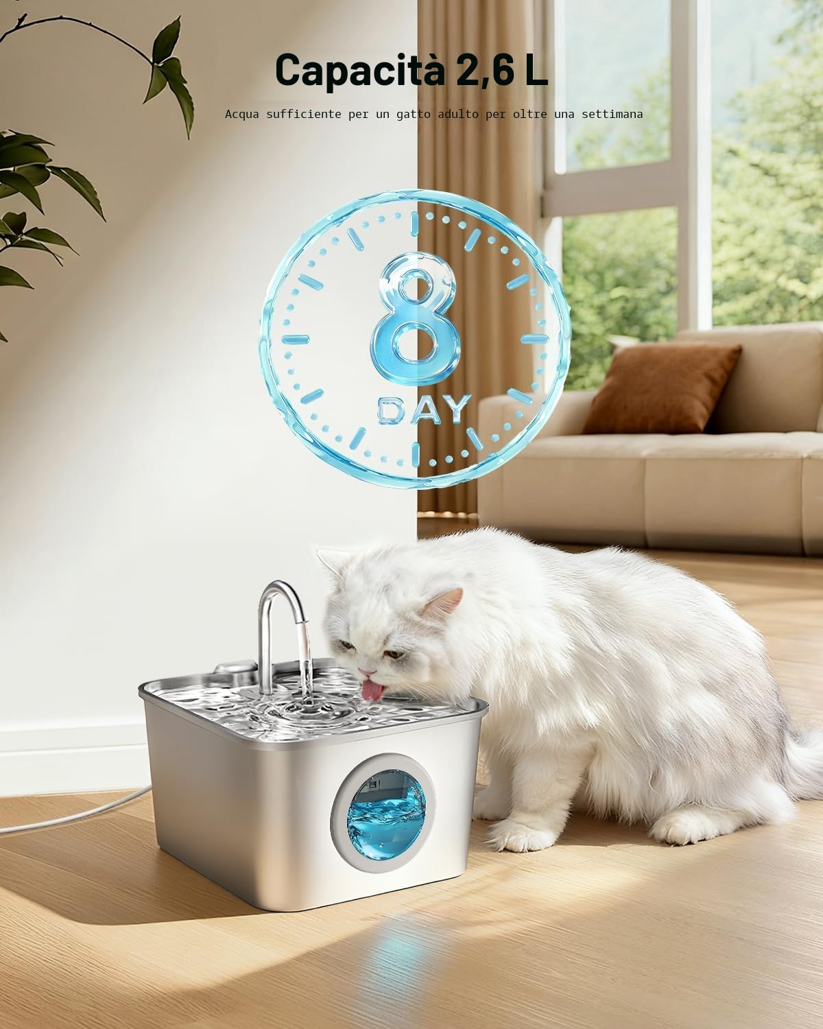 Fontanella per Gatti Acciaio Inox: 2,6L Fontana per Gatti, Ultra Silenzioso, Quadruplo Filtrazione, Cavo Automatico Fontanella Gatto con Rubinetto 3 Filtri e 3 Spugne LED, Facile da Pulire