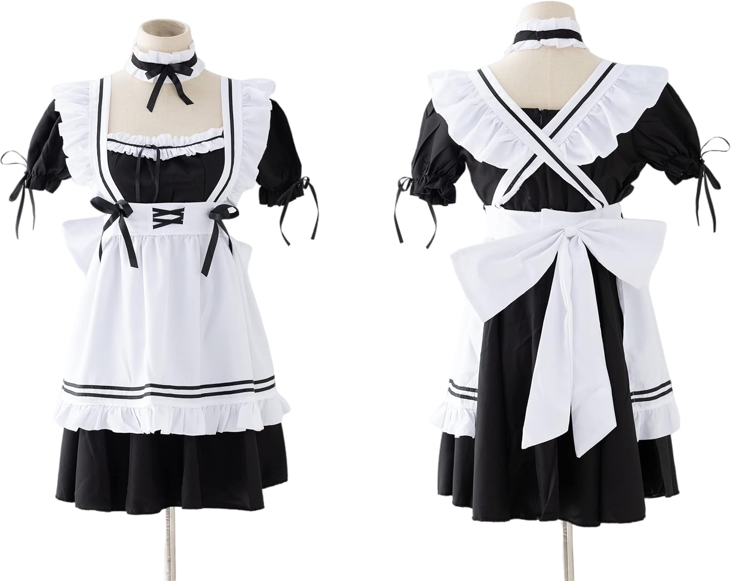 [ABUNDANTDOODS] メイド 服 ゴスロリ 萌え コスプレ 衣装 フリル ロリータ かわいい カチューシャ 付き 6点 セット 清楚 可憐 ウェイトレス レディース