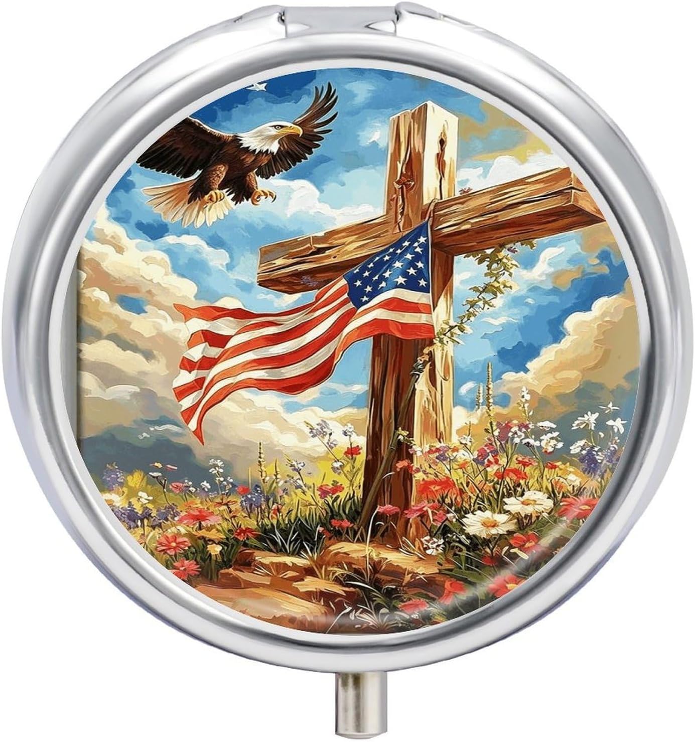 Cross Eagle Round Pill Box with 3 Compartments & Mirror