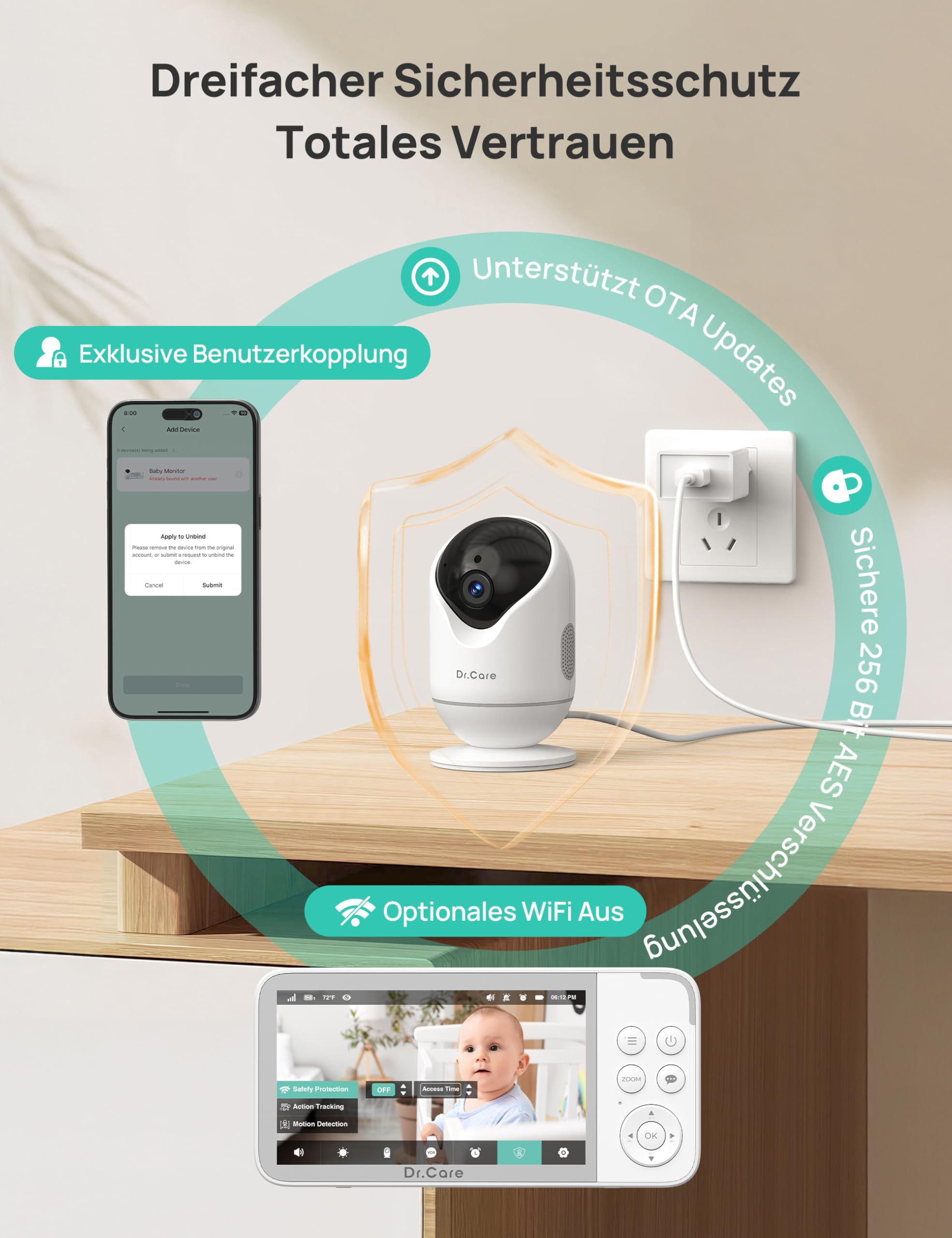 Dr.Care VistaView Smart WLAN Babyphone, 5” 1080P HD, 2K Kamera, App-Steuerung, Bewegungs- & Weinen-Alarm, Nachtsicht (babyphone mit 2 Kamera)