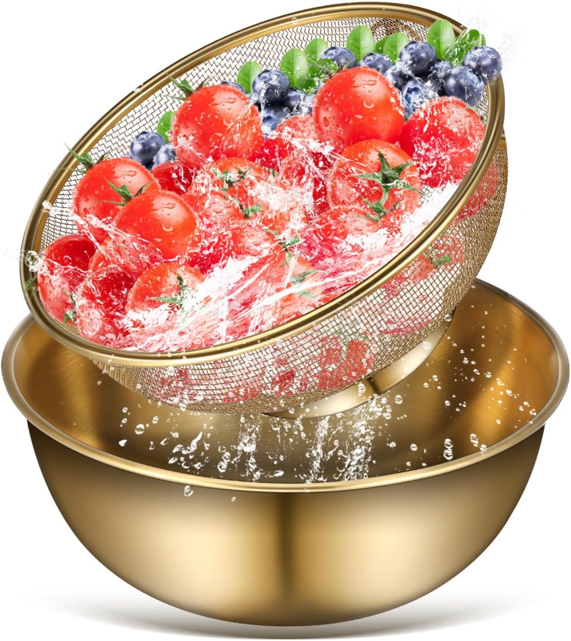 ULTECHNOVO Stainless Steel Colander Set with Basin Fine Mesh Rice Strainer and Vegetable Wash Basin 7.08 Inch Kitchen Strainer for Washing Fruit Draining Water 1 Set