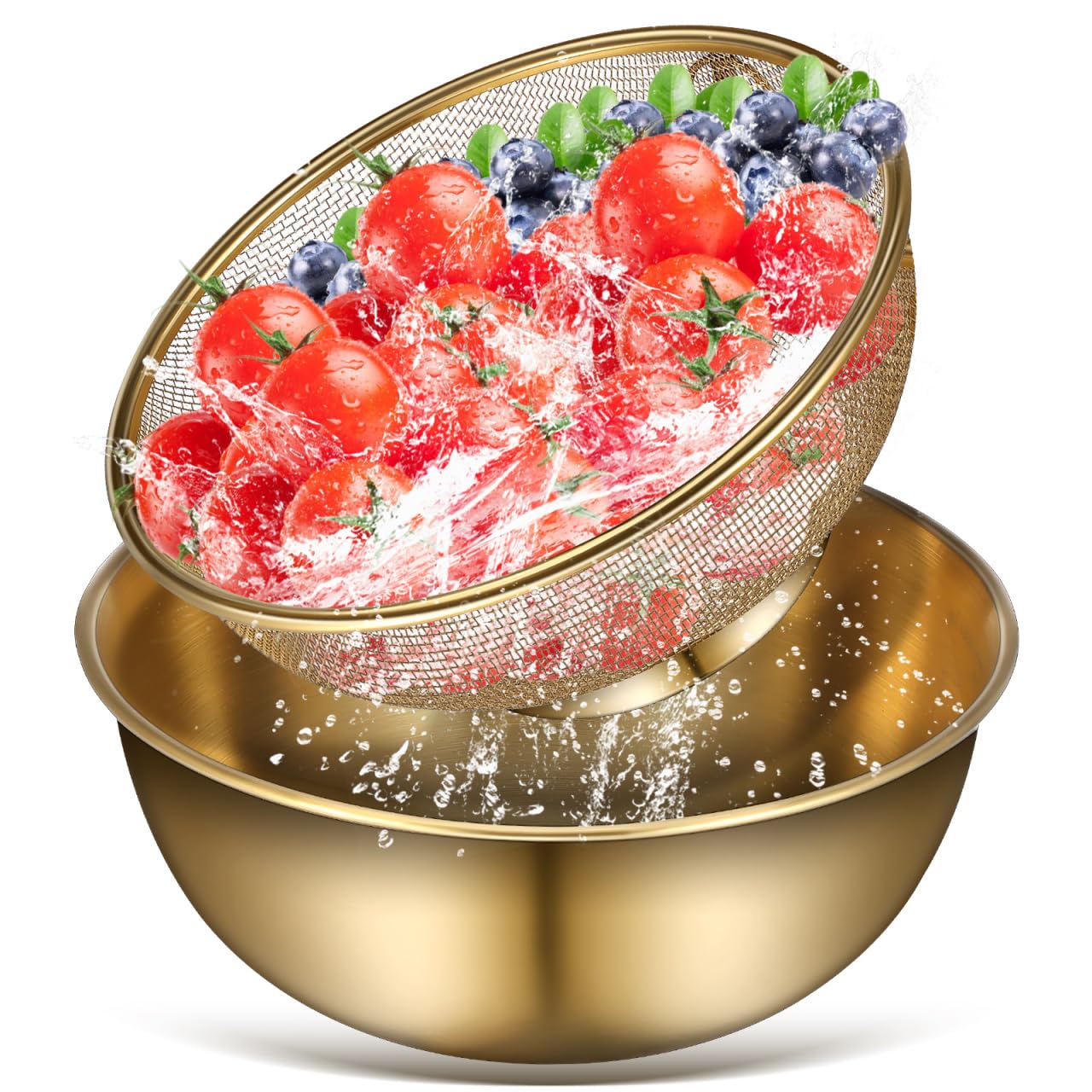 ULTECHNOVO 2 scolapasta in acciaio inox per cucina, colino per riso con ciotola, set di ciotole con microporosi per lavare riso, pasta, spaghetti, frutta, lavabile in lavastoviglie, oro