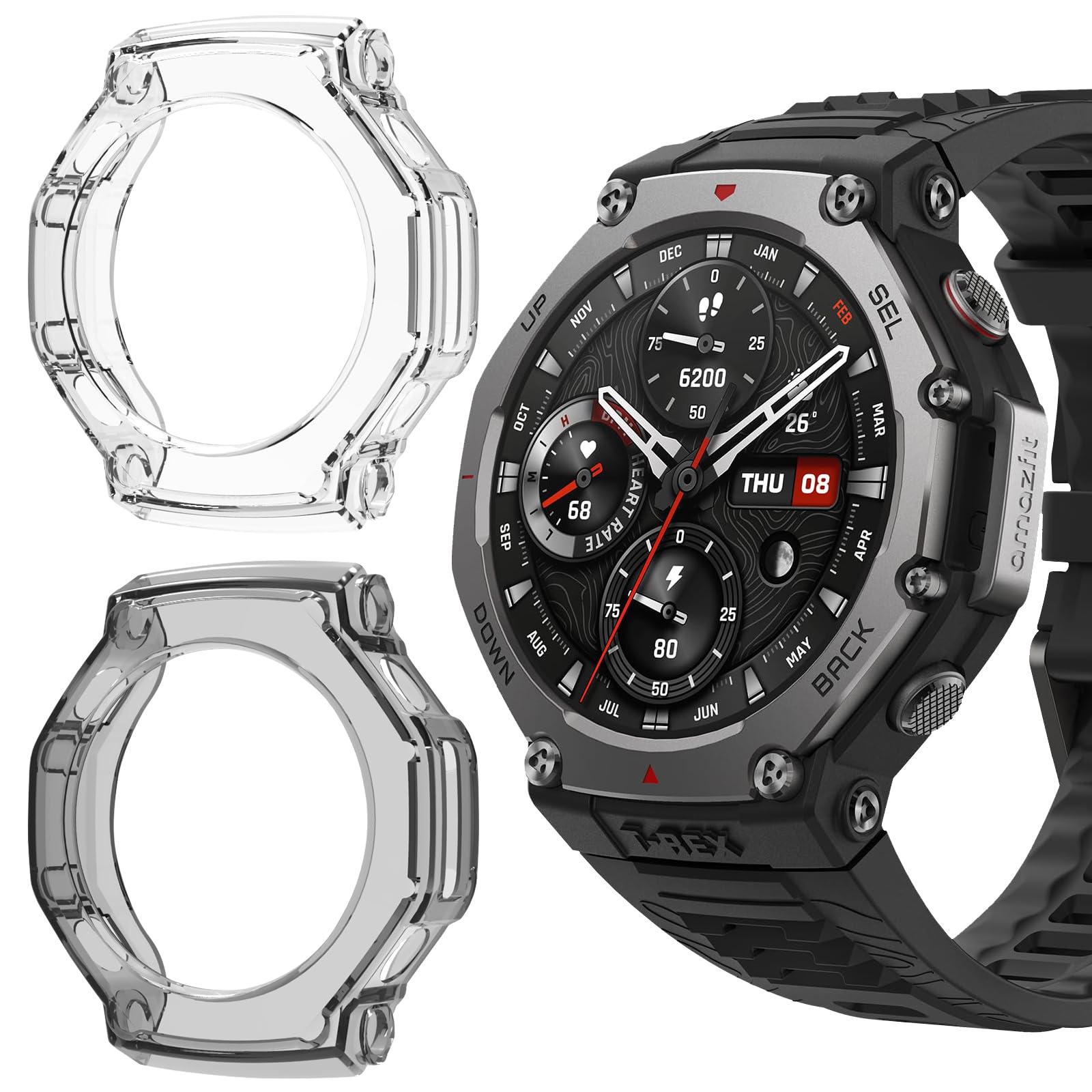 Case Compatible with Amazfit T-Rex 3 Protector, [2 Pieces] [Flexible TPU] [Anti-Scratch] Protective Shell for Amazfit T-Rex 3 - Black & Transparent