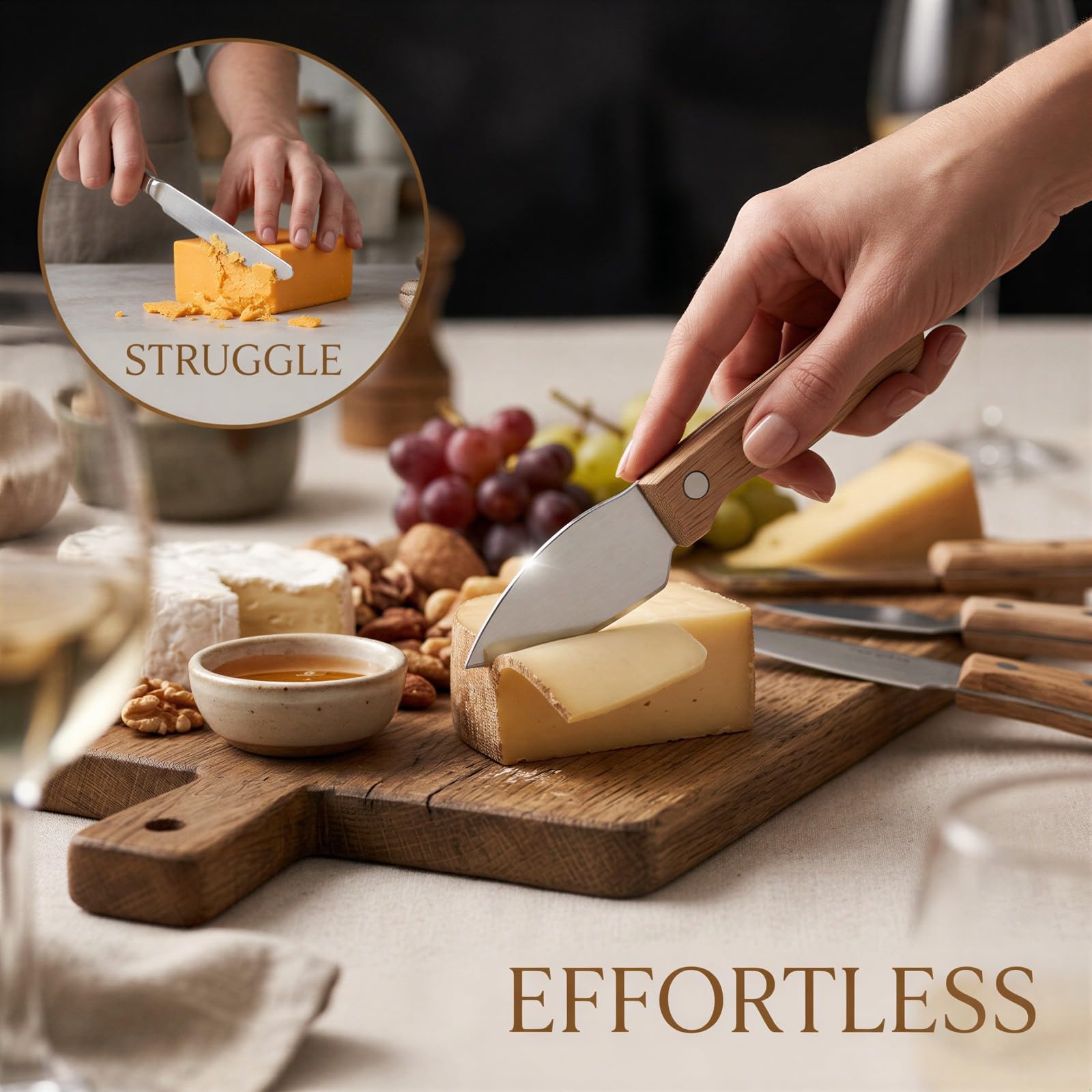 Set de 4 couteaux à fromage en acier inoxydable, manches en bois d’hévéa, avec trancheur et fourchette, accessoires pour plateau de charcuterie, pour fromages mous et durs, beurre, coffret cadeau