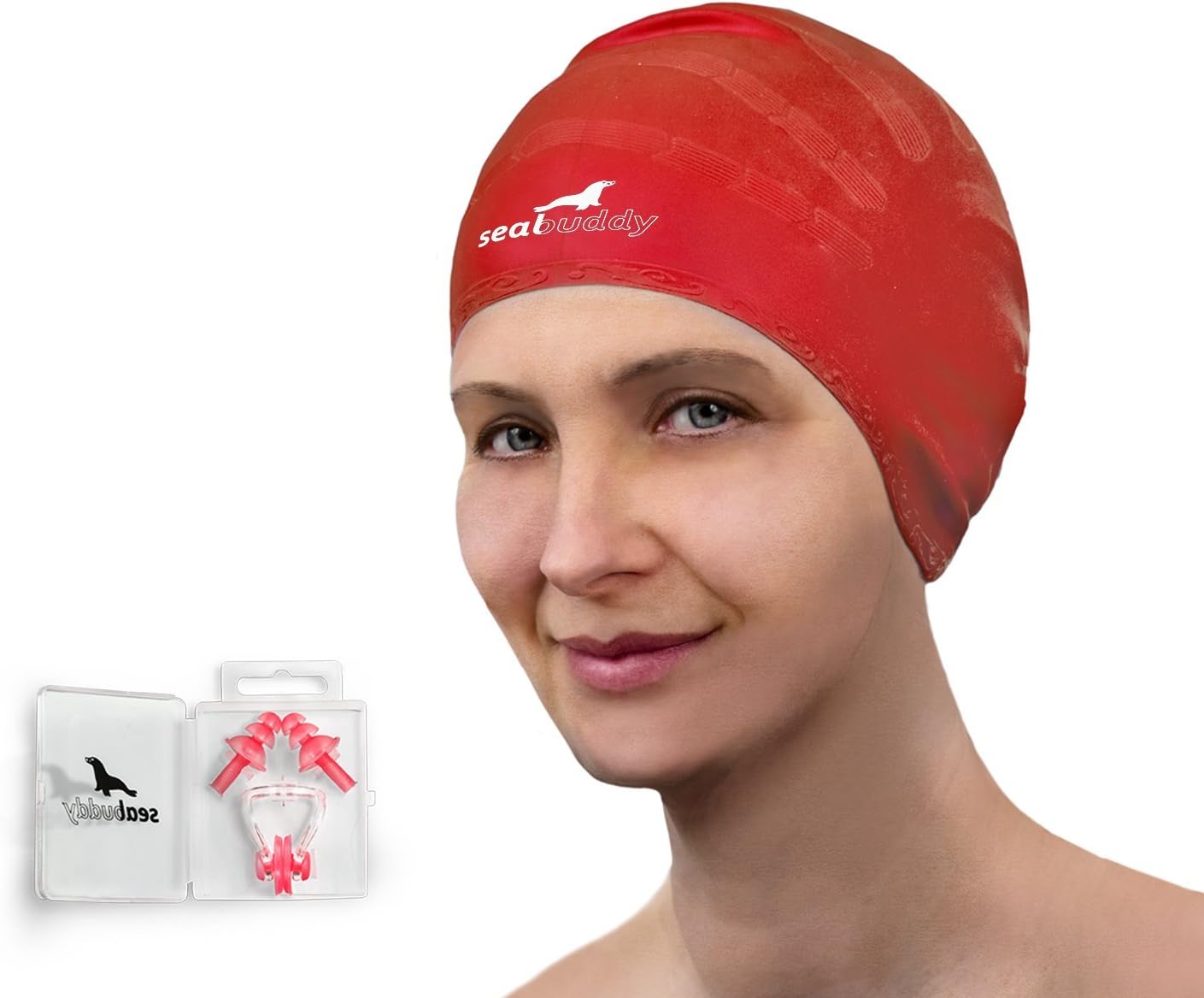 Silicone Swim Cap, Nose Clip and Ear Plugs Combo Set (Red)
