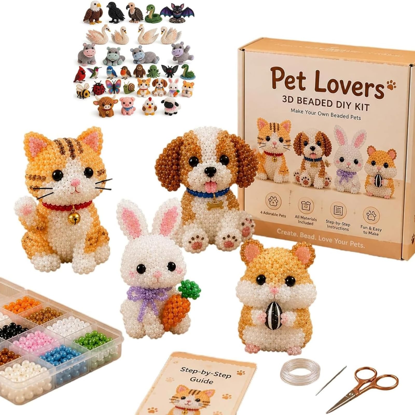 Tiny 3D Beaded Animal DIY Kit, Animal Beading Kit, 4 Cute Designs, 3D Animals Themed Beadwork Set for Beginners & Craft Enthusiasts, with Instructions (Pet Lovers)