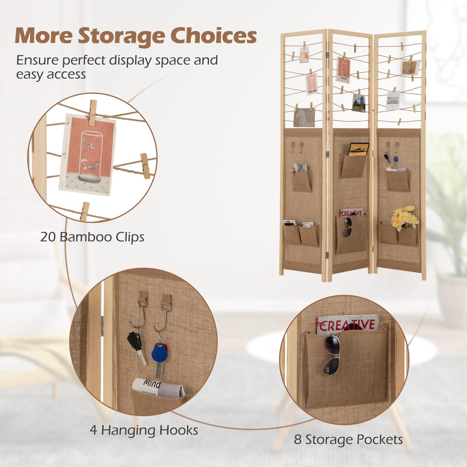 GIANTEX Paravento pieghevole a 3 pannelli. Separatore di privacy in legno con 8 tasche, 4 ganci e spago per appendere con 20 clip in bambù, 120 x 170 x 2 cm