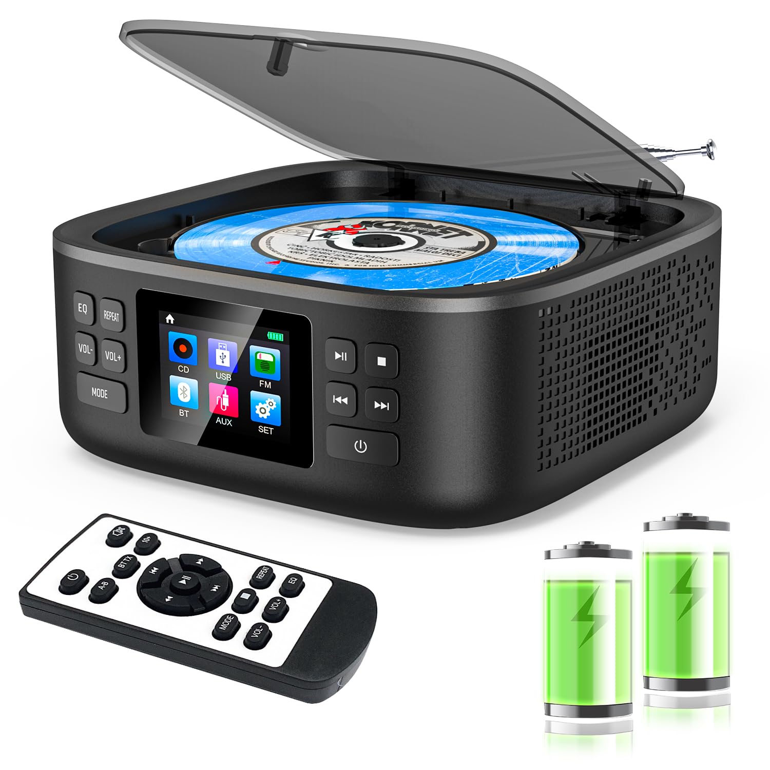 Lecteur CD Portable Bluetooth Rechargeable avec Enceinte Télécommande Audio | Lecteur CD Boombox avec Haut Parleur Radio FM Écran Led Stéréo en Charge AUX3.5mm/USB Prise Casque pour Enfant Maison Voiture
