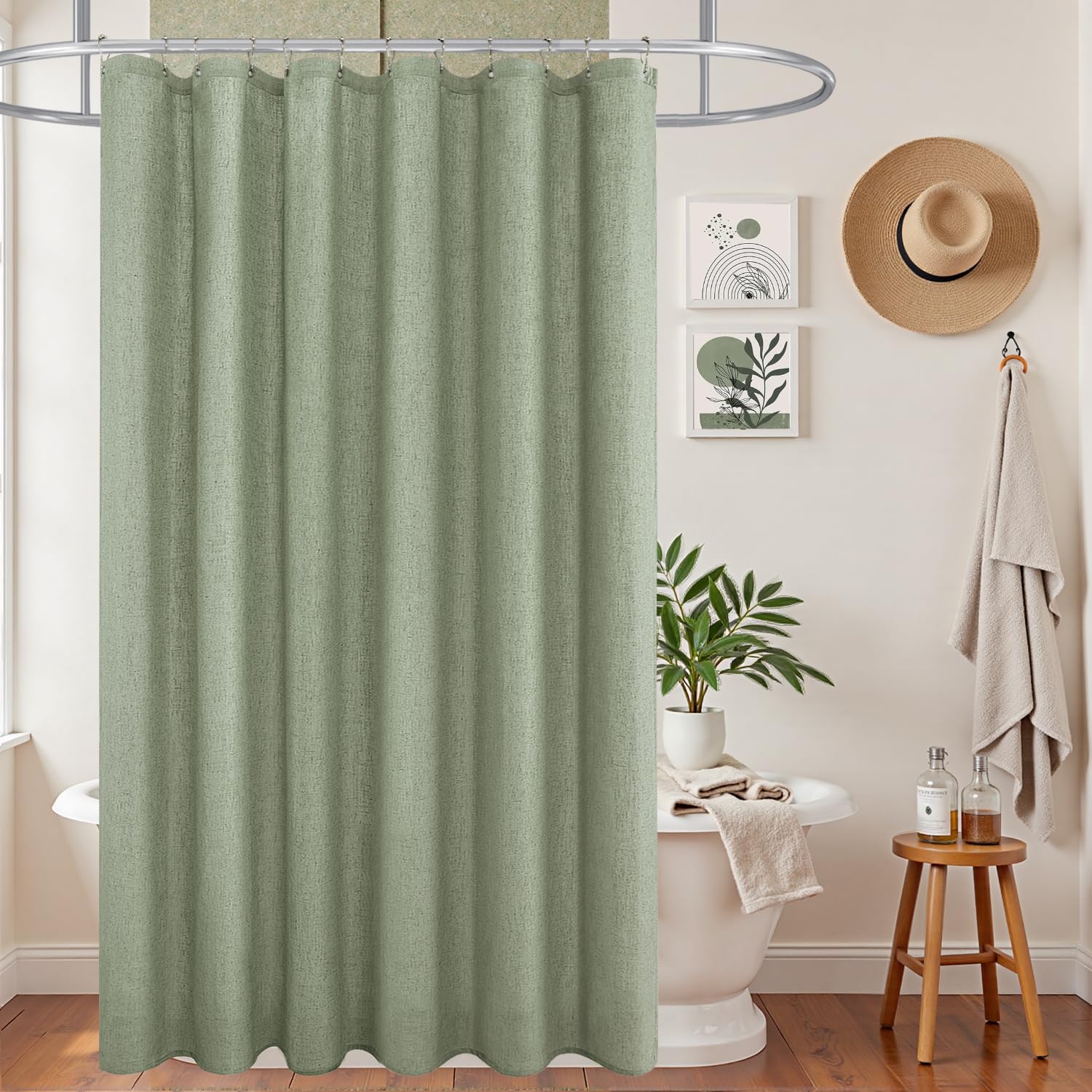 KOUFALL Sage Green Linen Shower Curains 84 Inch Length for Bathroom,Extra Long Curtain Liner Set with Hooks