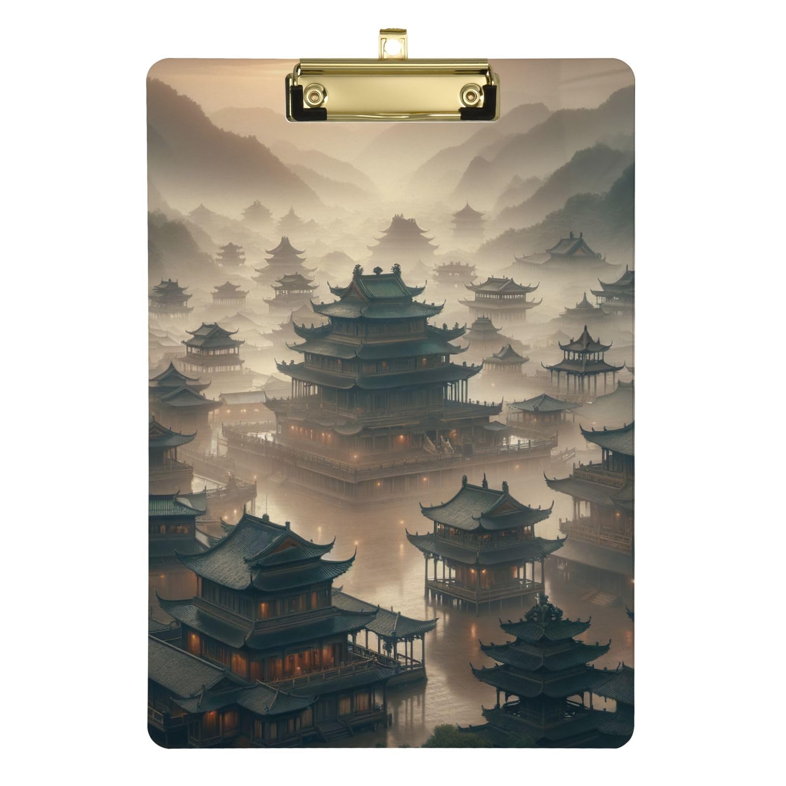 Chinese Ancient City Clear Acrylic Clipboard A4 Letter Size 9" x 12.5" with Low Profile Metal Clip Paper Clipboard Office and School Supplies