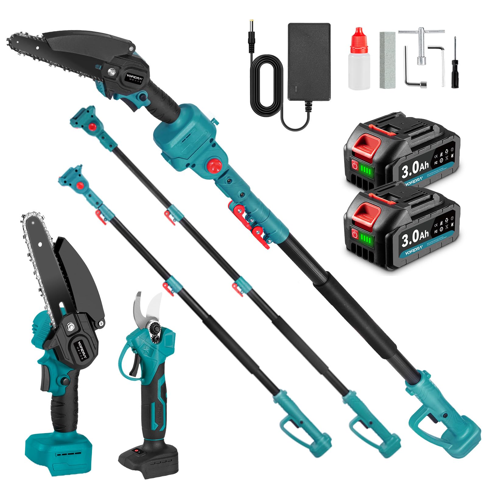 Yofidra 4-IN-1 Mini Kettensäge 6 Zoll mit Teleskopstange & Bürstenlos 25mm Astschere, 180° Einstellbarer Winkel, Akku Hochentaster mit 2 x 3.0Ah Akku und ladegerät, Max. Reichweite bis 4,6m, blau