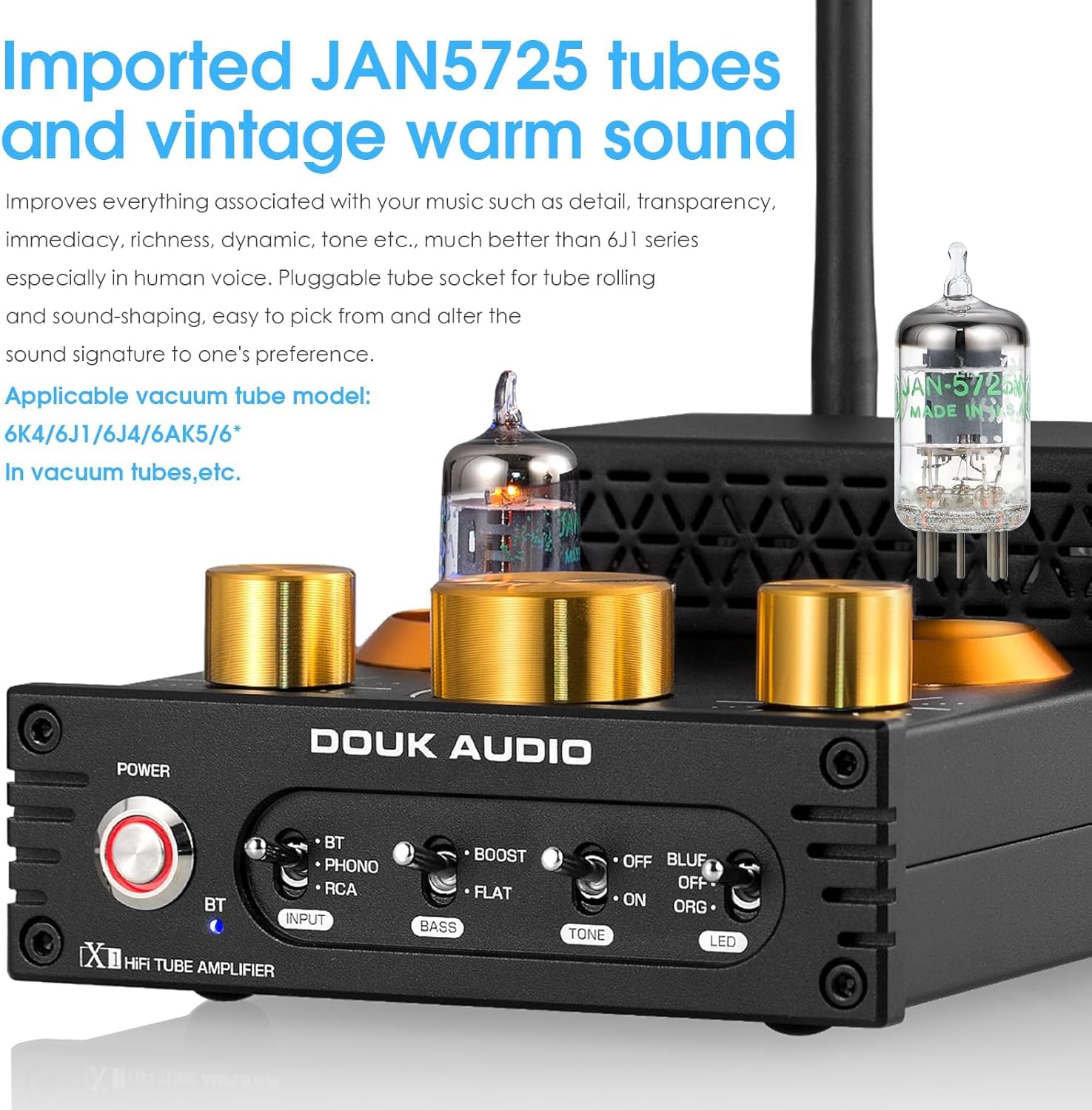 Douk Audio X1 amplificatore a valvole, amplificatore HiFi Bluetooth 5.0, amplificatore audio stereo a valvole GE5654, amplificatore phono MM, 160Wx2 chip TDA7498E, manopola di controllo acuti e bassi