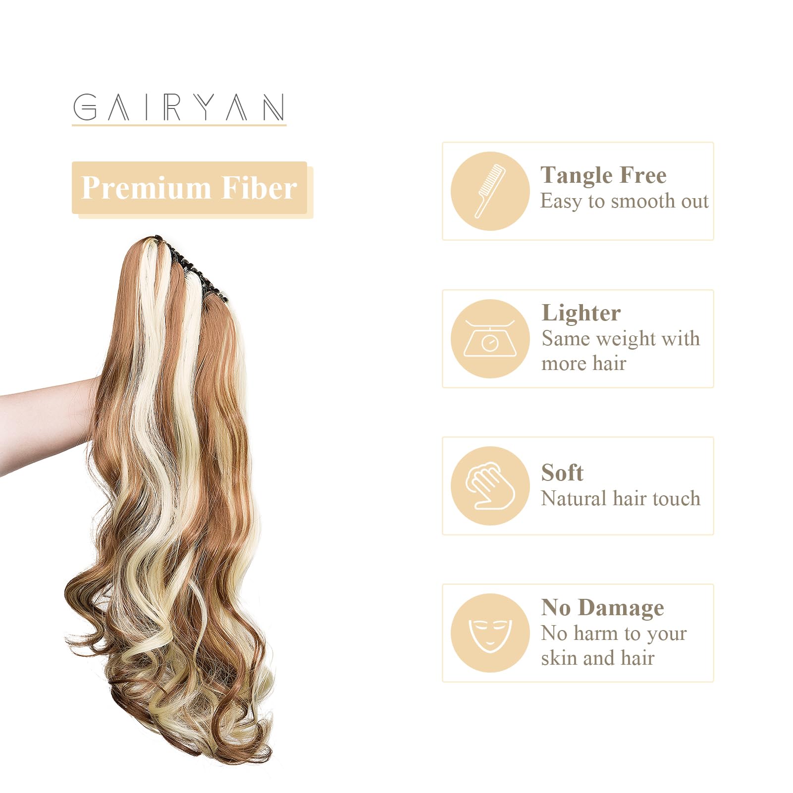 Gairyan 20inch Ponytail Extension Clip in Ponytail Hair Extensions Curly Wavy Pony Tails Claw on Ponytail Long Wave Synthetic Hairpieces for Women Soft Real Look (Golden Brown & Bleach Blonde) - Image 3