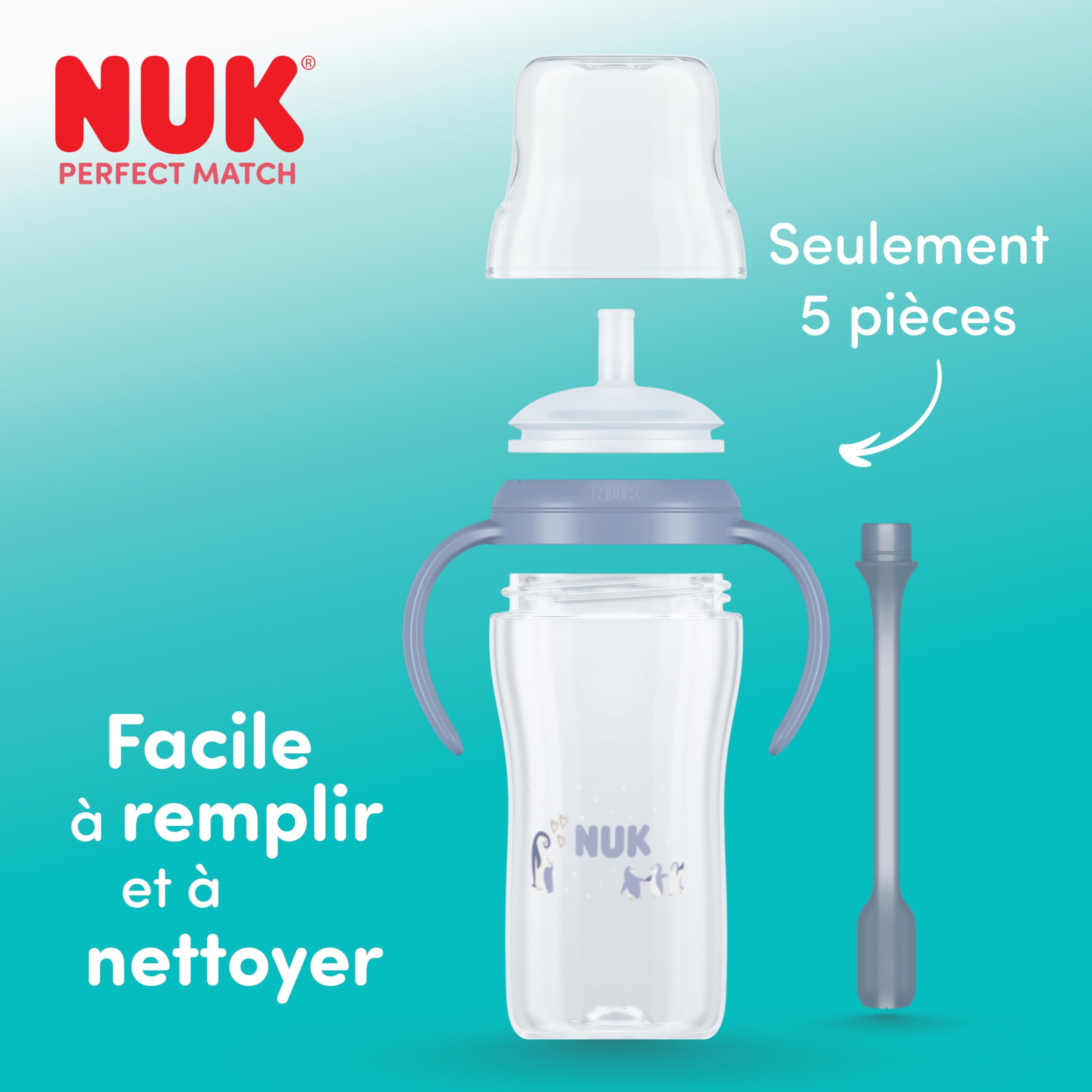 NUK Perfect Match Tasse d’apprentissage avec paille pour bébé | 8+ mois | 260 ml | Tasse avec paille anti-fuite pour bébé | Poignées antidérapantes | Rose | Lot de 1